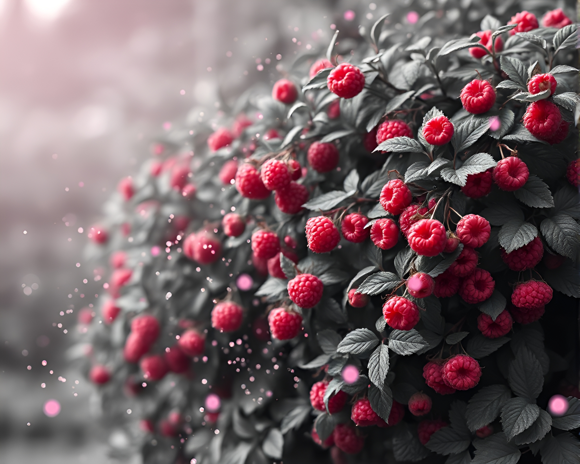 Raspberry Bush Floating Particles Monochrome Bliss – free AI stock image