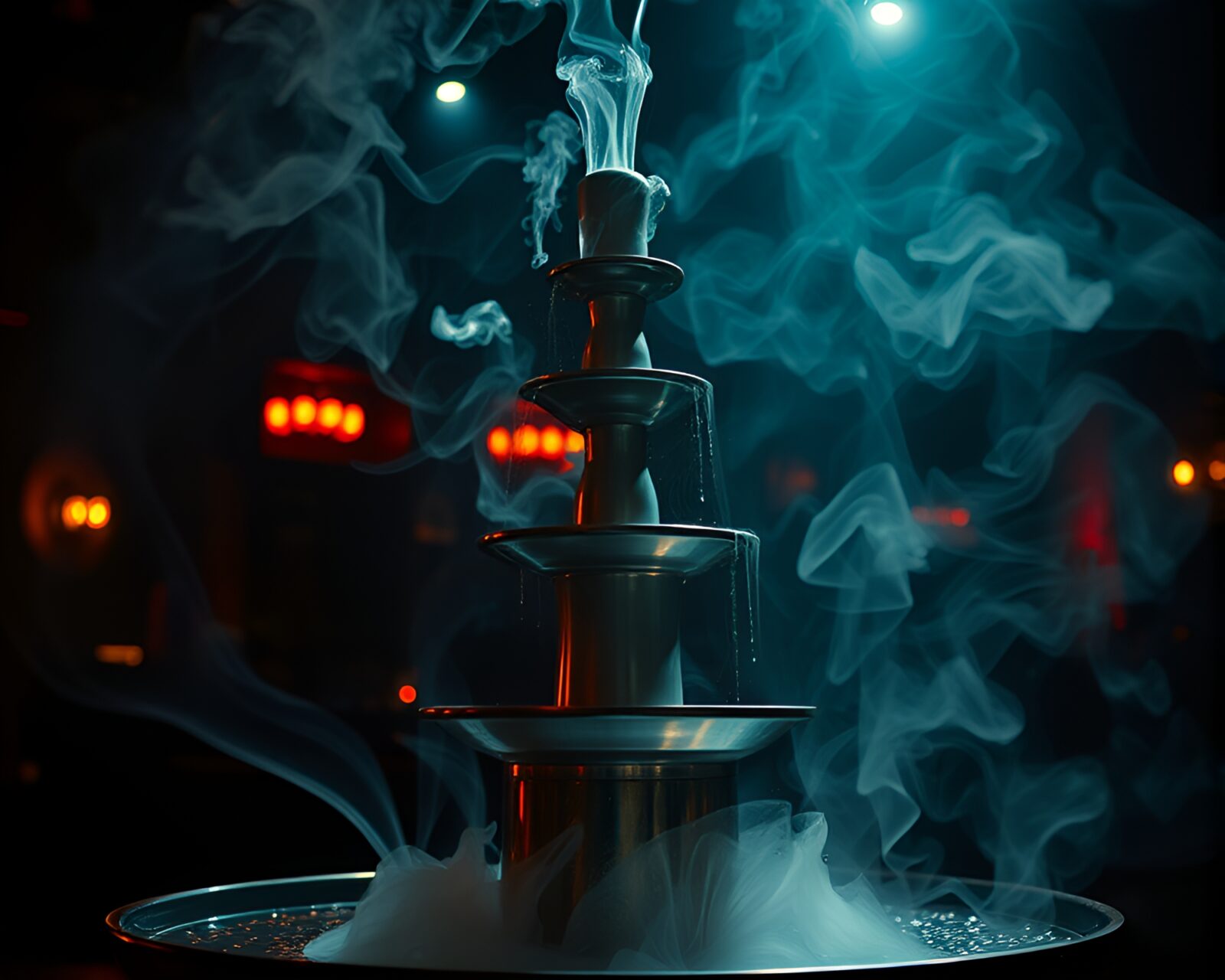 Film noir style image of swirling smoke around chocolate fountain
