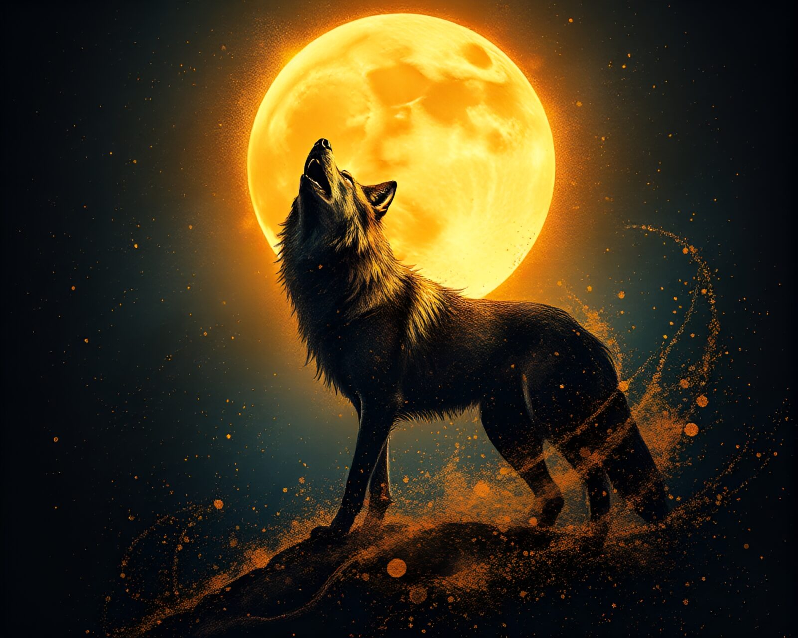 Majestic lunar wolf in swirling golden paint splatters
