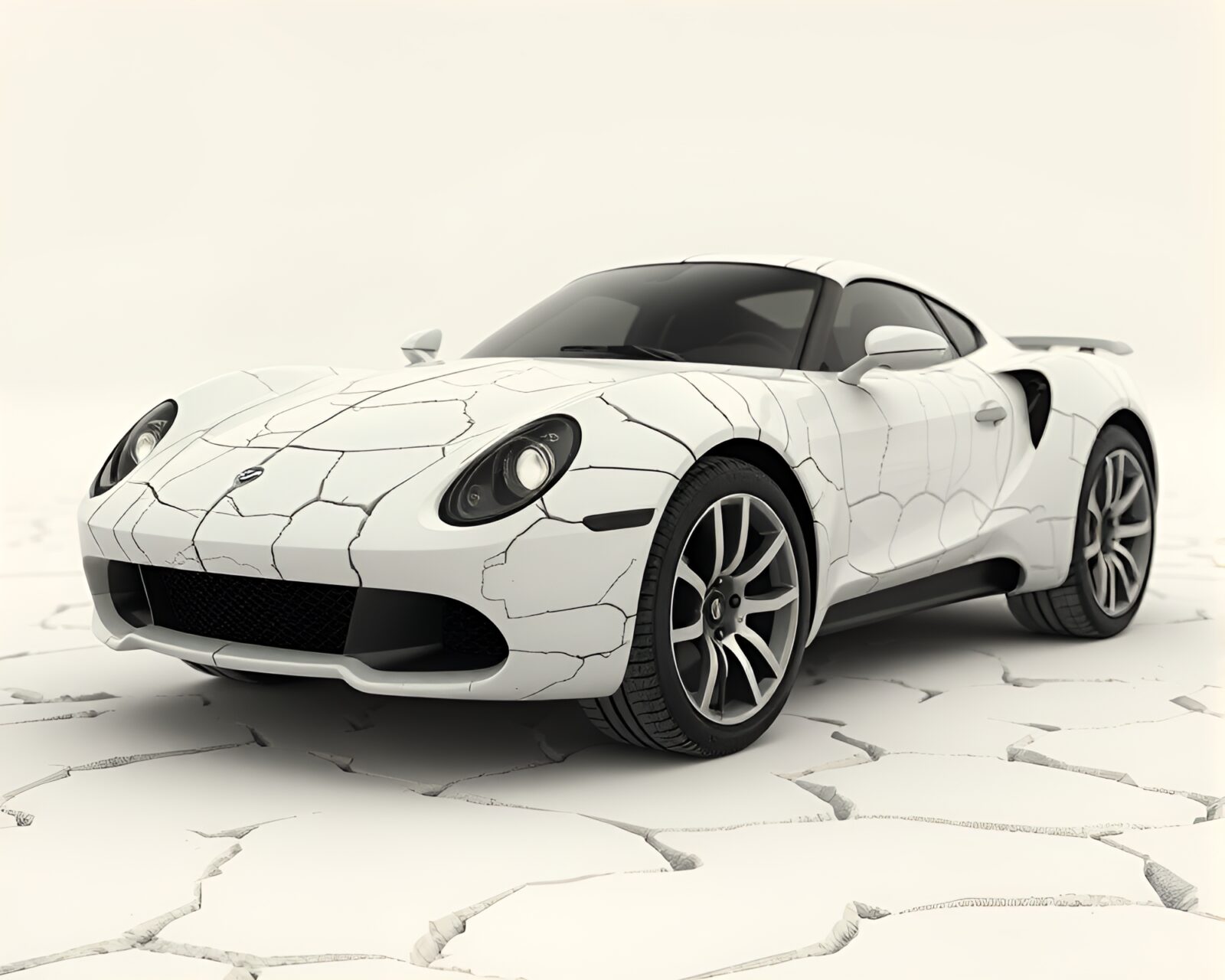 Sci-fi hover car on surreal cracked ivory ground