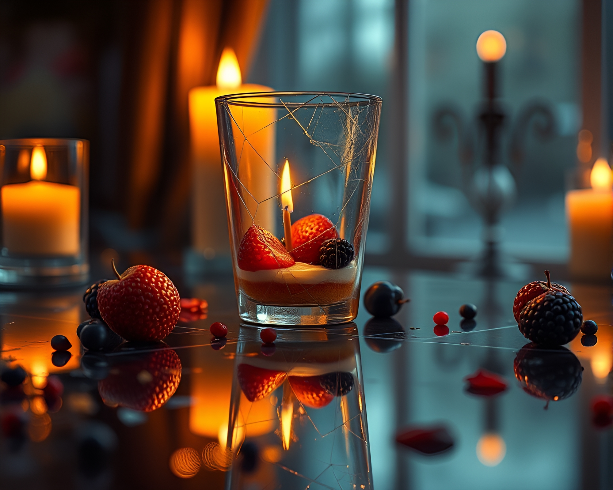 Fruit Tart Reflection in Broken Glass by Candlelight – free AI stock image