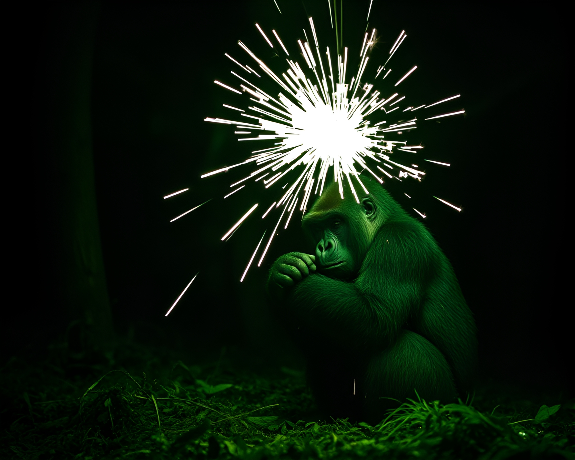 Gorilla King in Monochrome Green Candlelit Sparkler Forest – free AI stock image