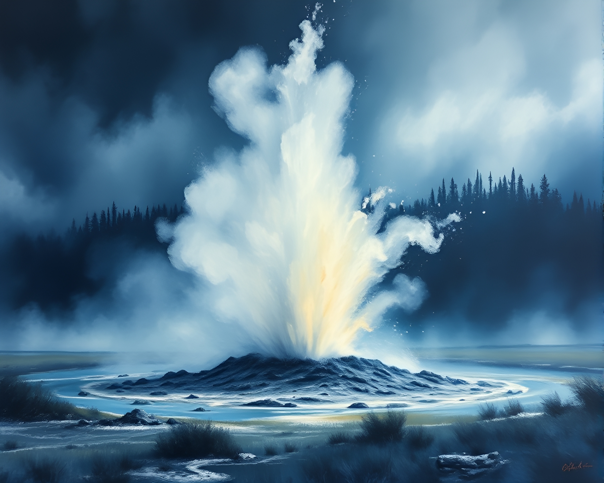 Geyser Field Zoom Burst: Indigo Underpainting Mystery – free AI stock image