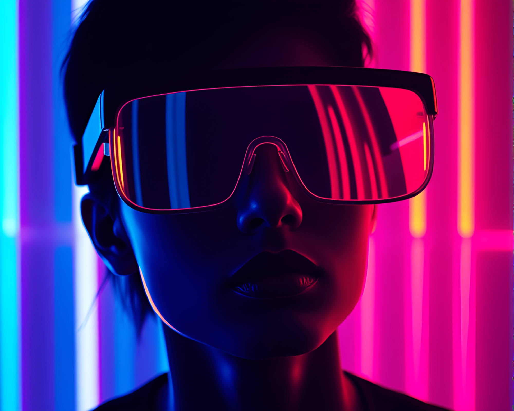 Neon Pixelated Silhouette wearing Augmented Reality Glasses – free AI stock image