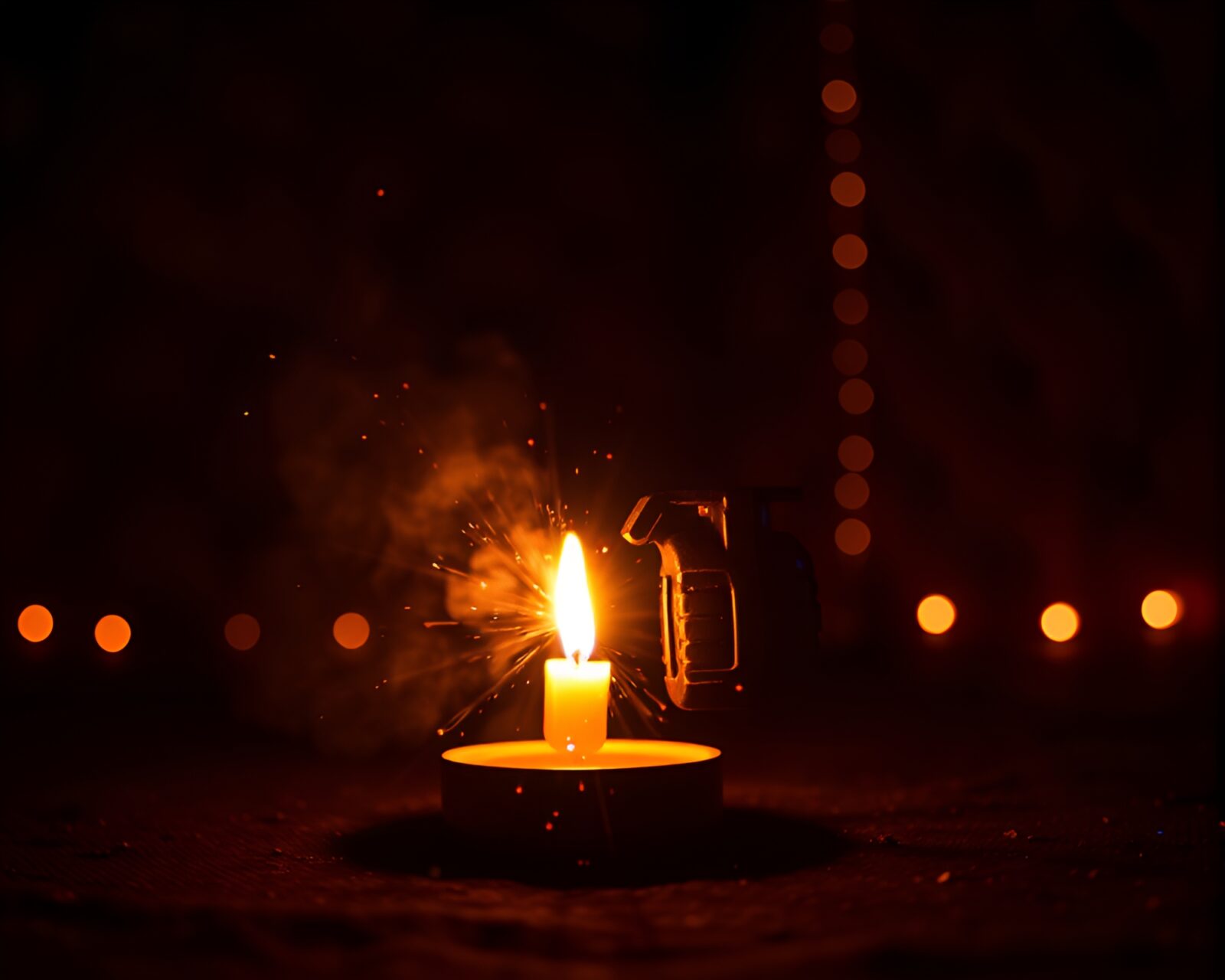 Mysterious grenade glowing in ultraviolet light within a candlelit room