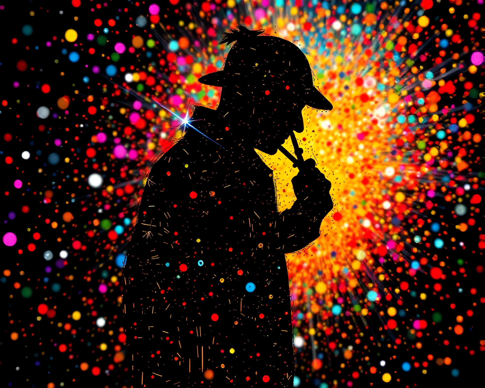 Sherlock Holmes Silhouette in Confetti Explosion Kinetic Artwork – free AI stock image