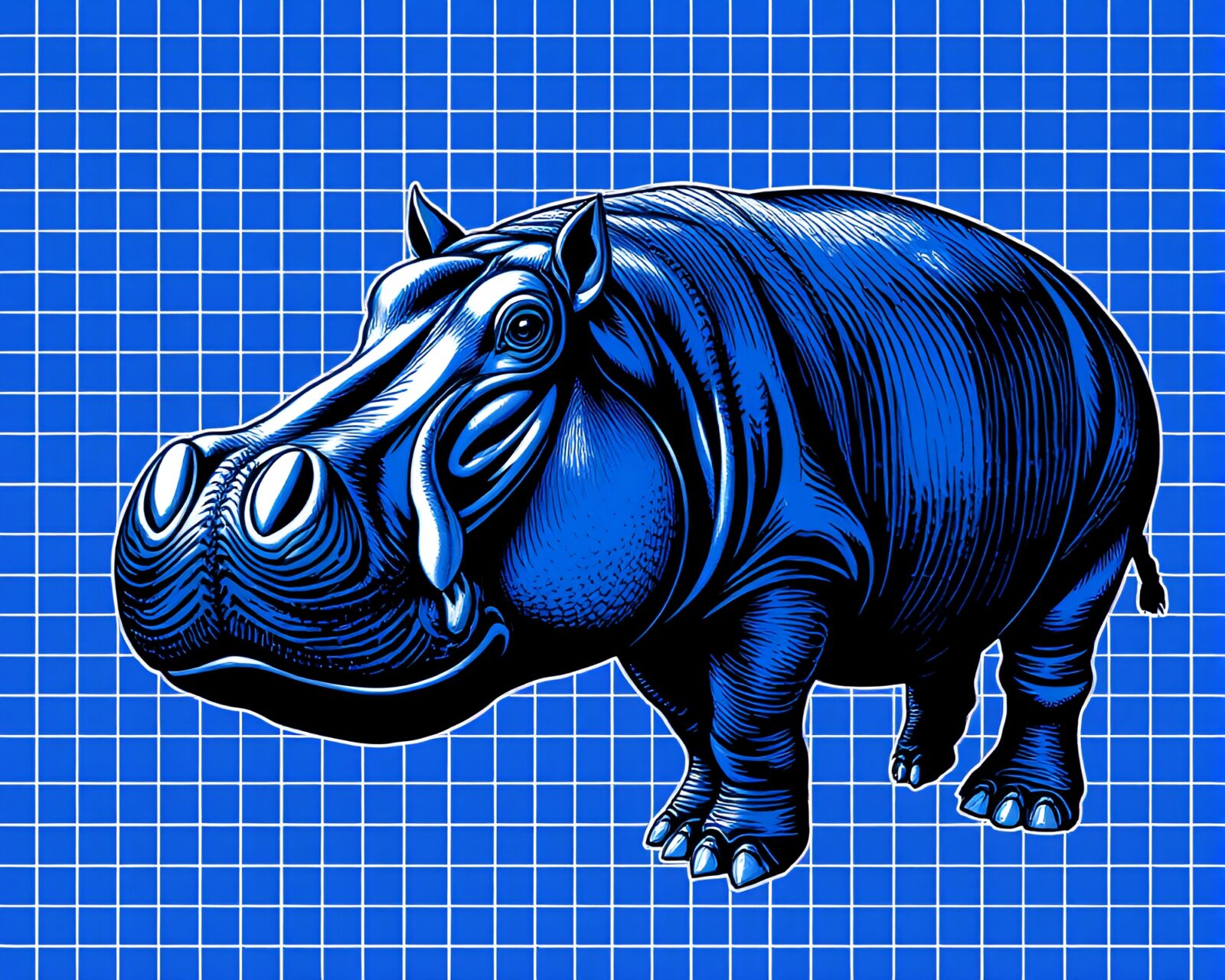 Surreal grid-patterned artwork featuring a vibrant hippopotamus in cobalt blue lighting