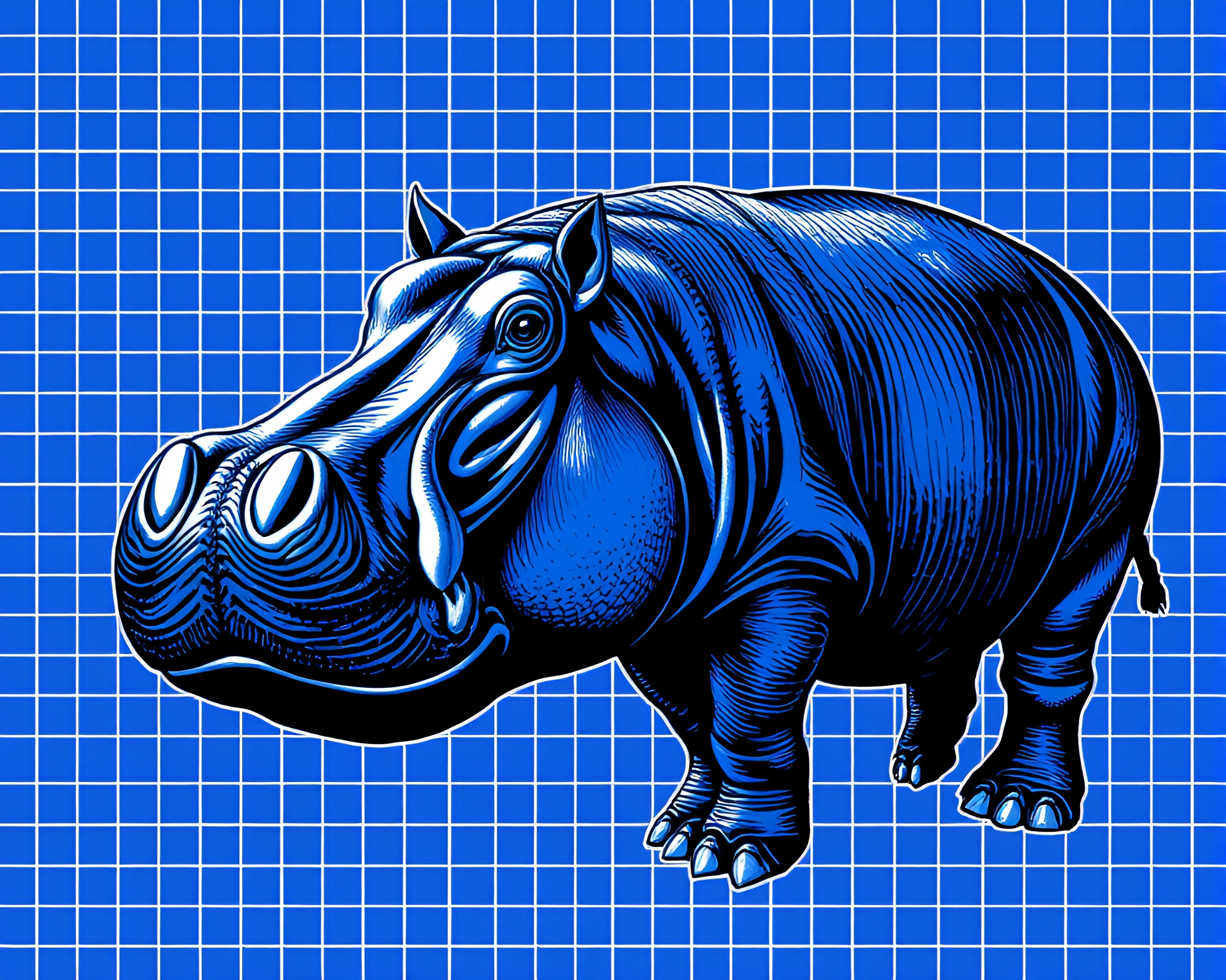 Hippopotamus Op Art with Cobalt Blue Grid Overlay – free AI stock image