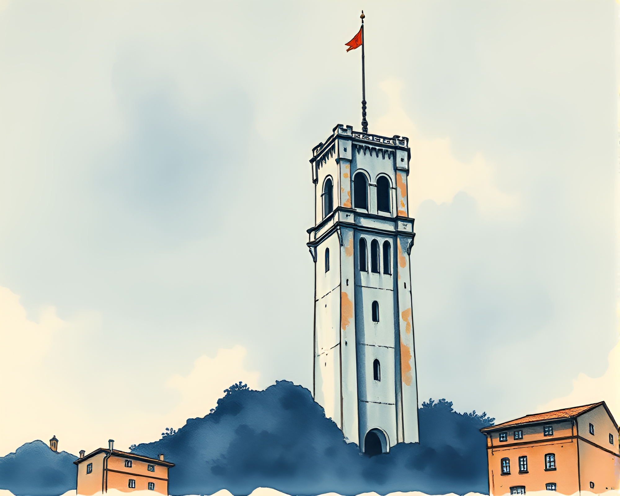 Tower Rising: Watercolor Dream in Faded Denim Shades – free AI stock image