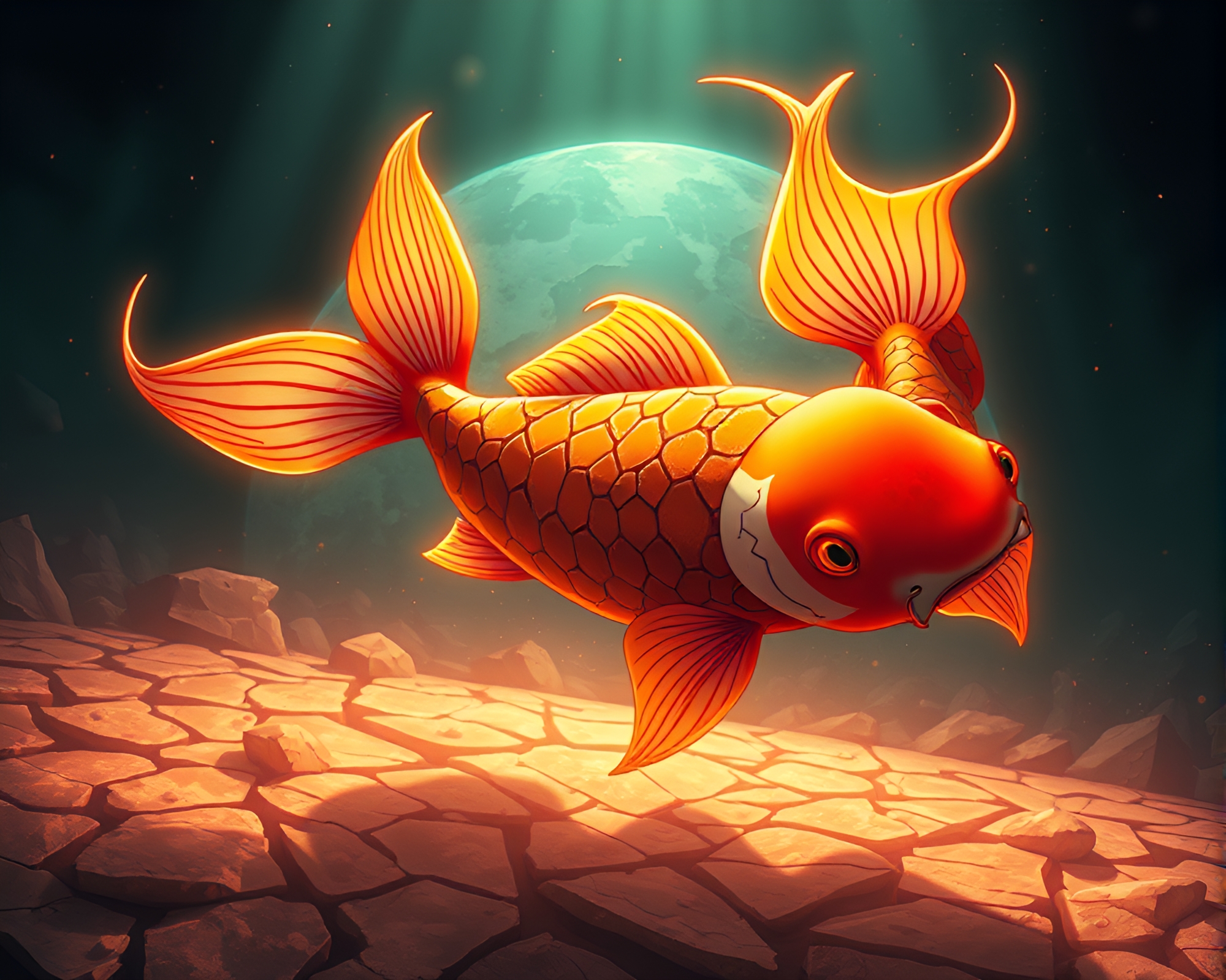 Cracked Earth: Koi Fish Theater – free AI stock image
