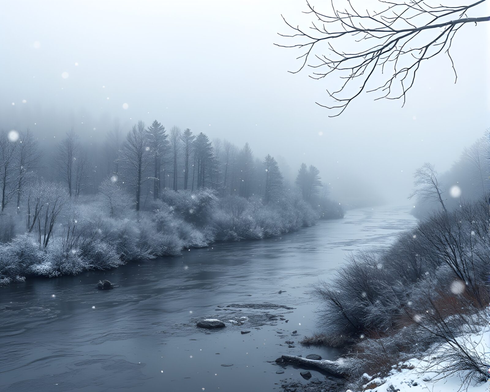 Foggy atmosphere over a savage river with snowflake reflections