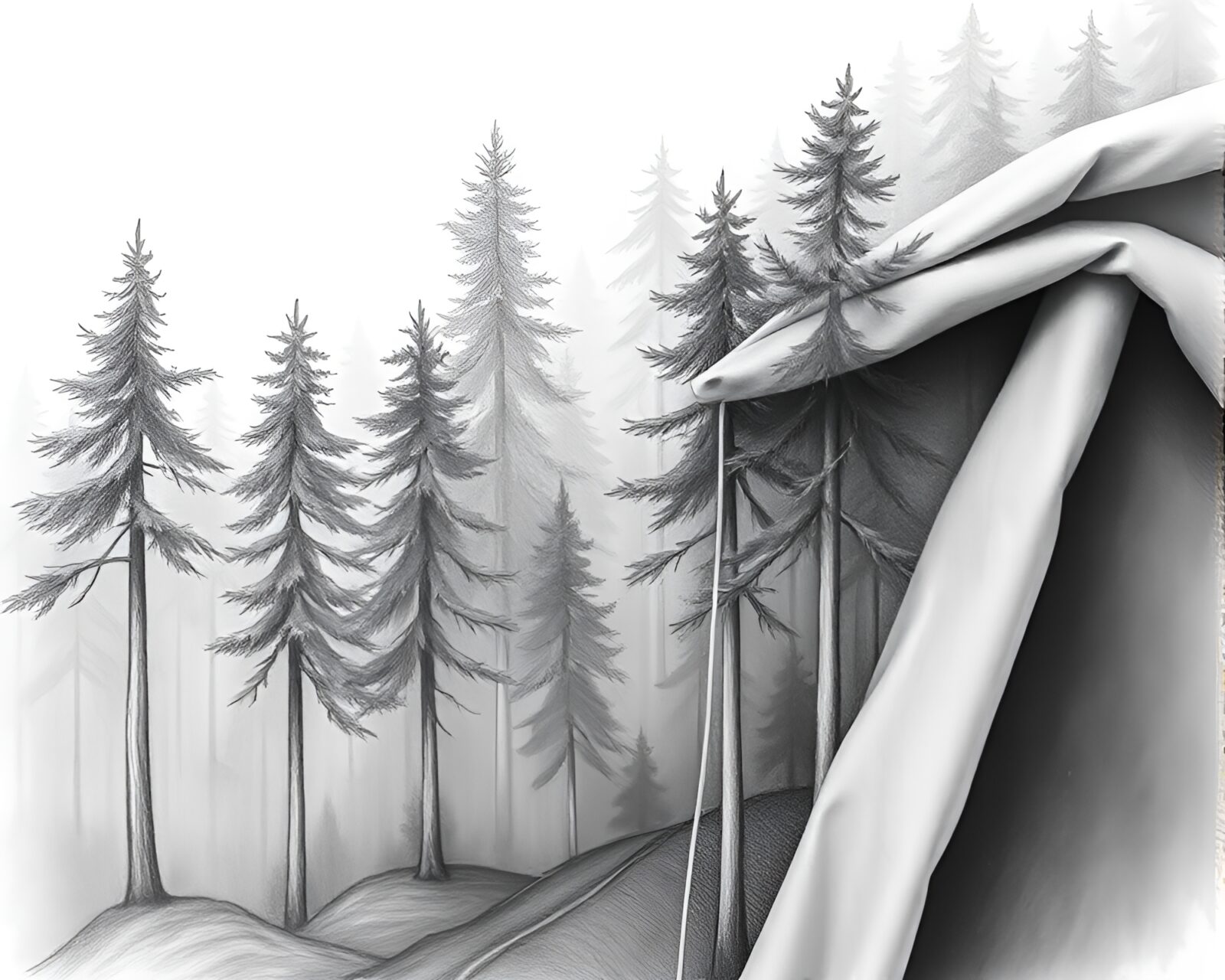 Dreamy forest scene with dramatic folds in fabric
