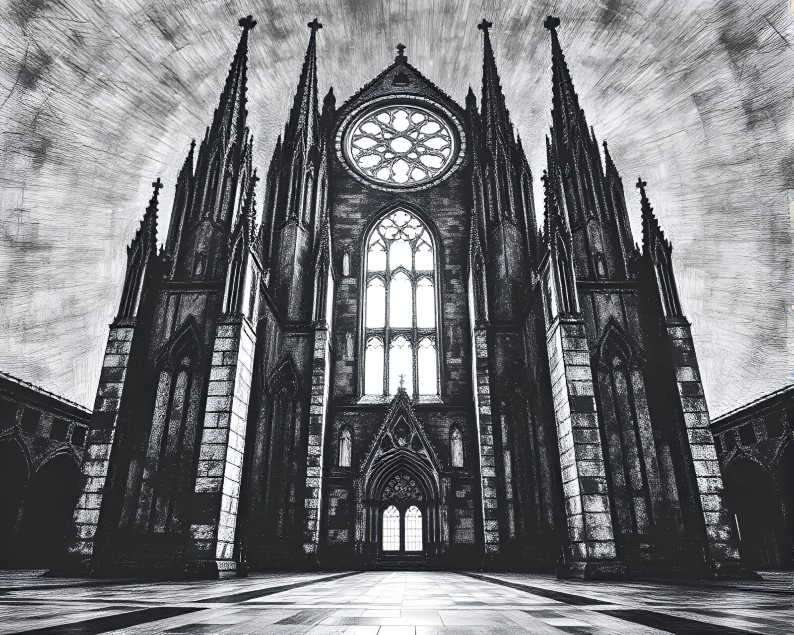 Dark, intricate crosshatched Brutalist cathedral in monochrome light