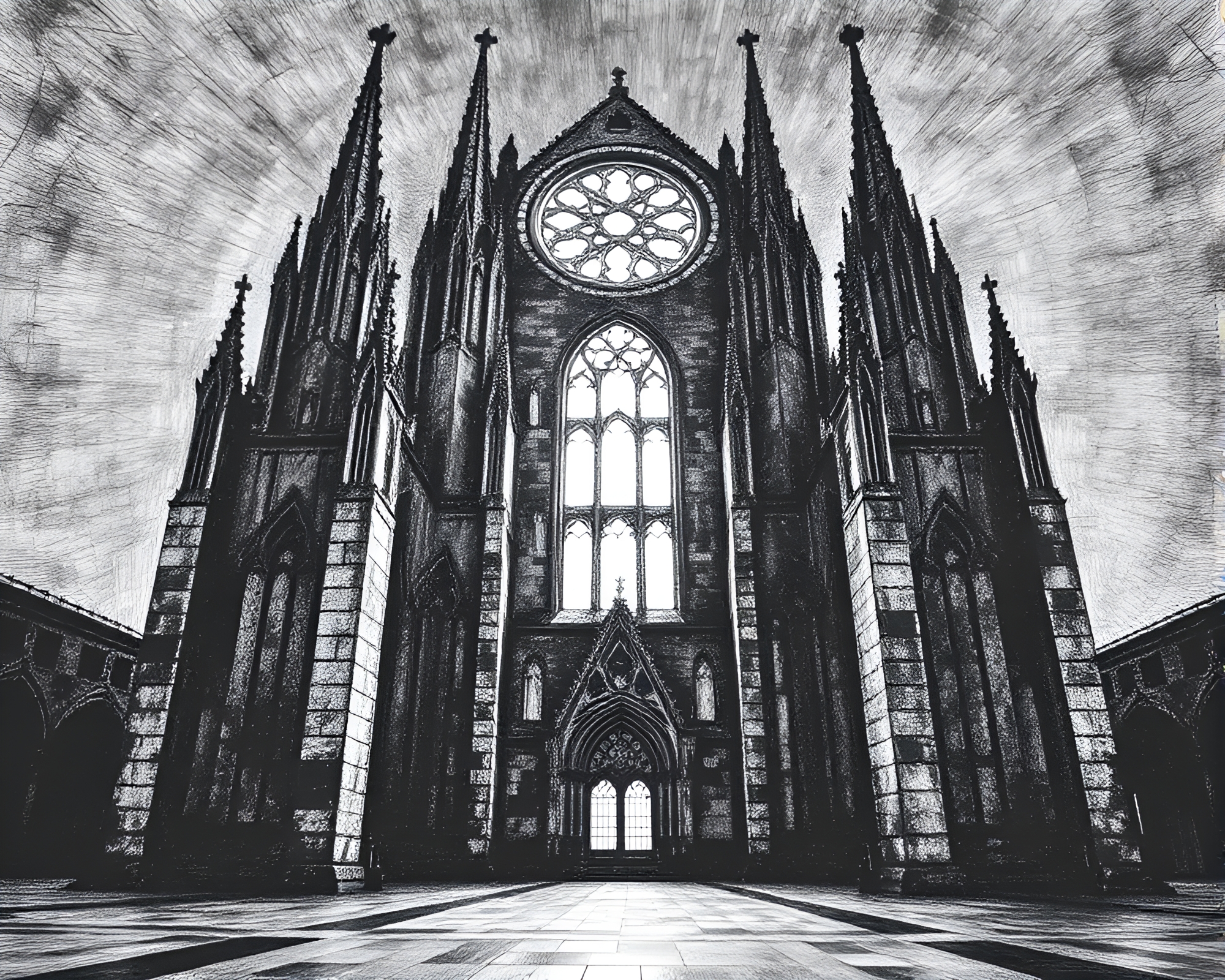 Gothic Crosshatched Brutalist Cathedral in Grisaille – free AI stock image