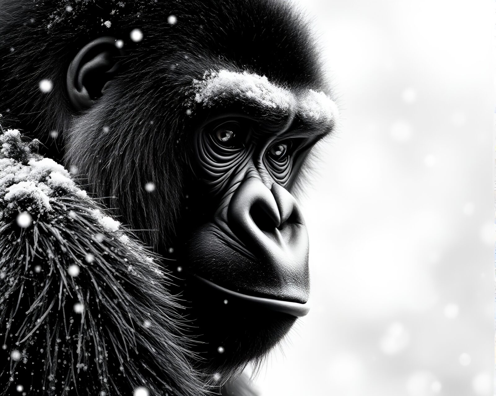 A majestic gorilla standing in a snowy halftone grid