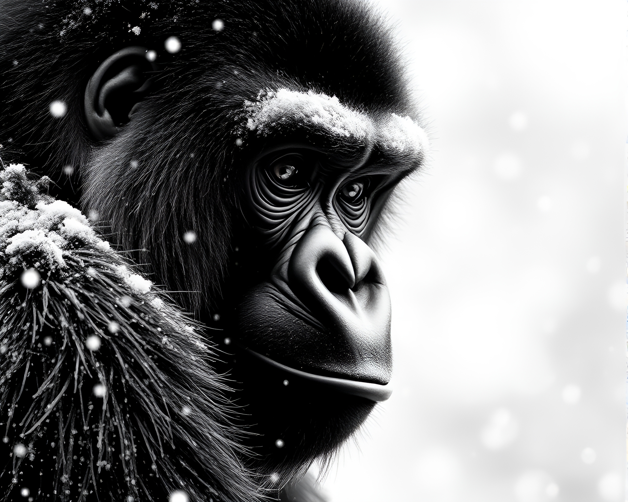 Monochrome Gorilla in Halftone Snow-Light Grid – free AI stock image