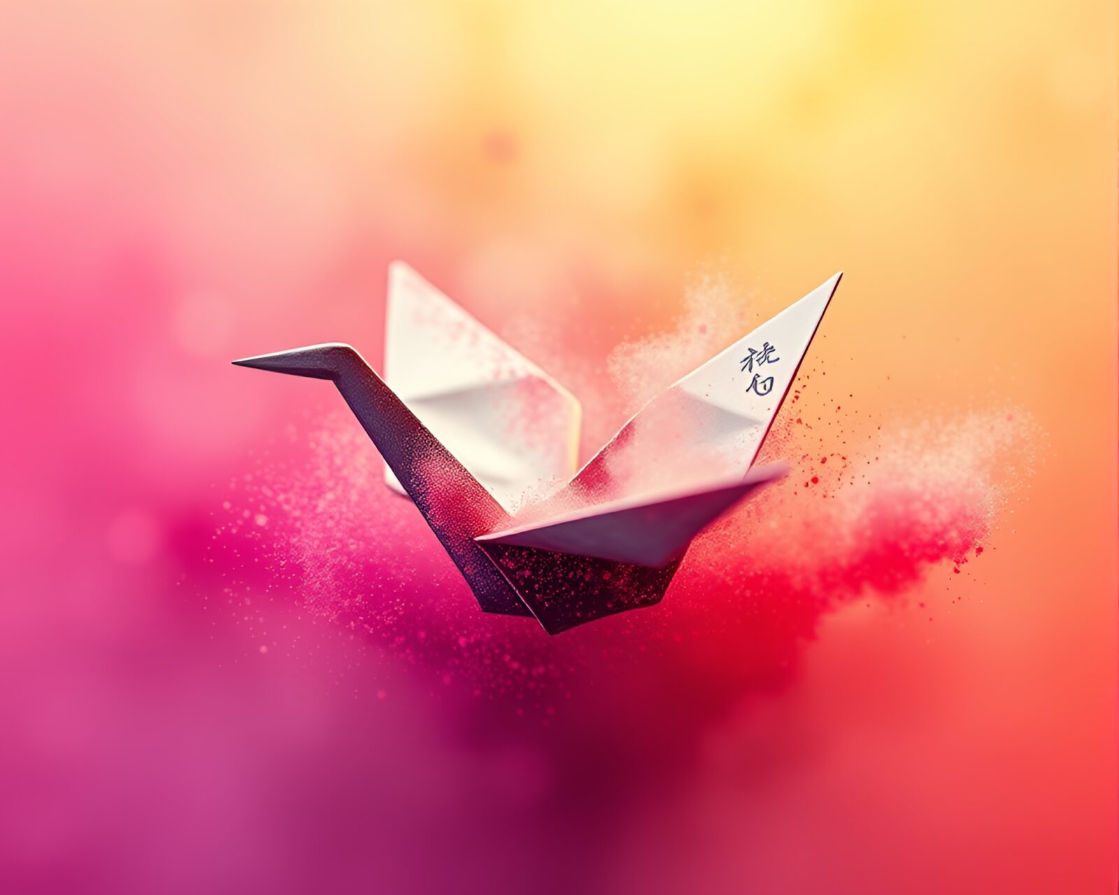 Origami crane in surreal colors with dust overlay and calligraphy style
