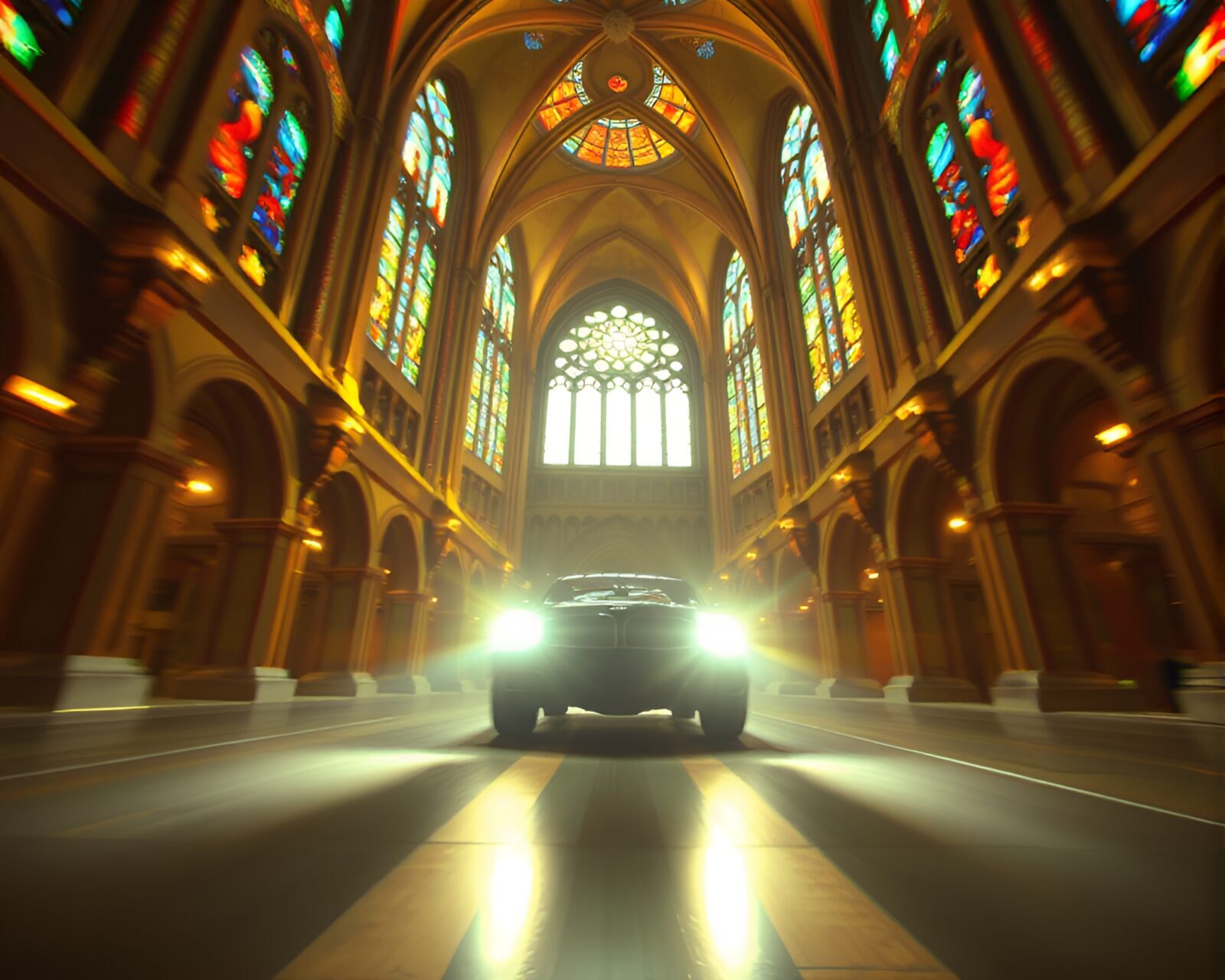 Low-angle shot of a fantastical hover car in surreal lighting