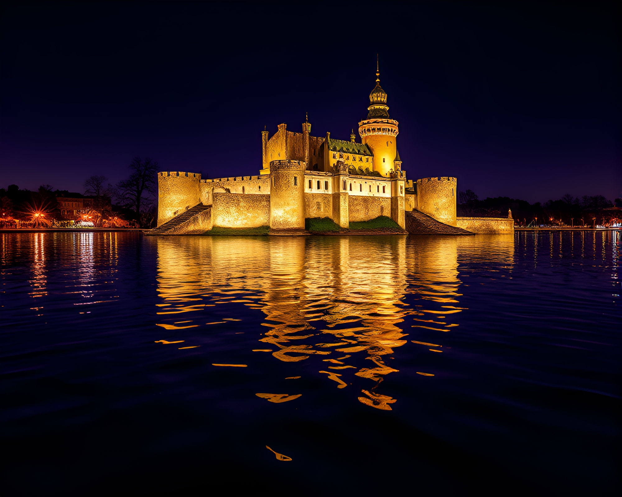 Majestic Castle Reflected in Ultraviolet Ripple Water – free AI stock image