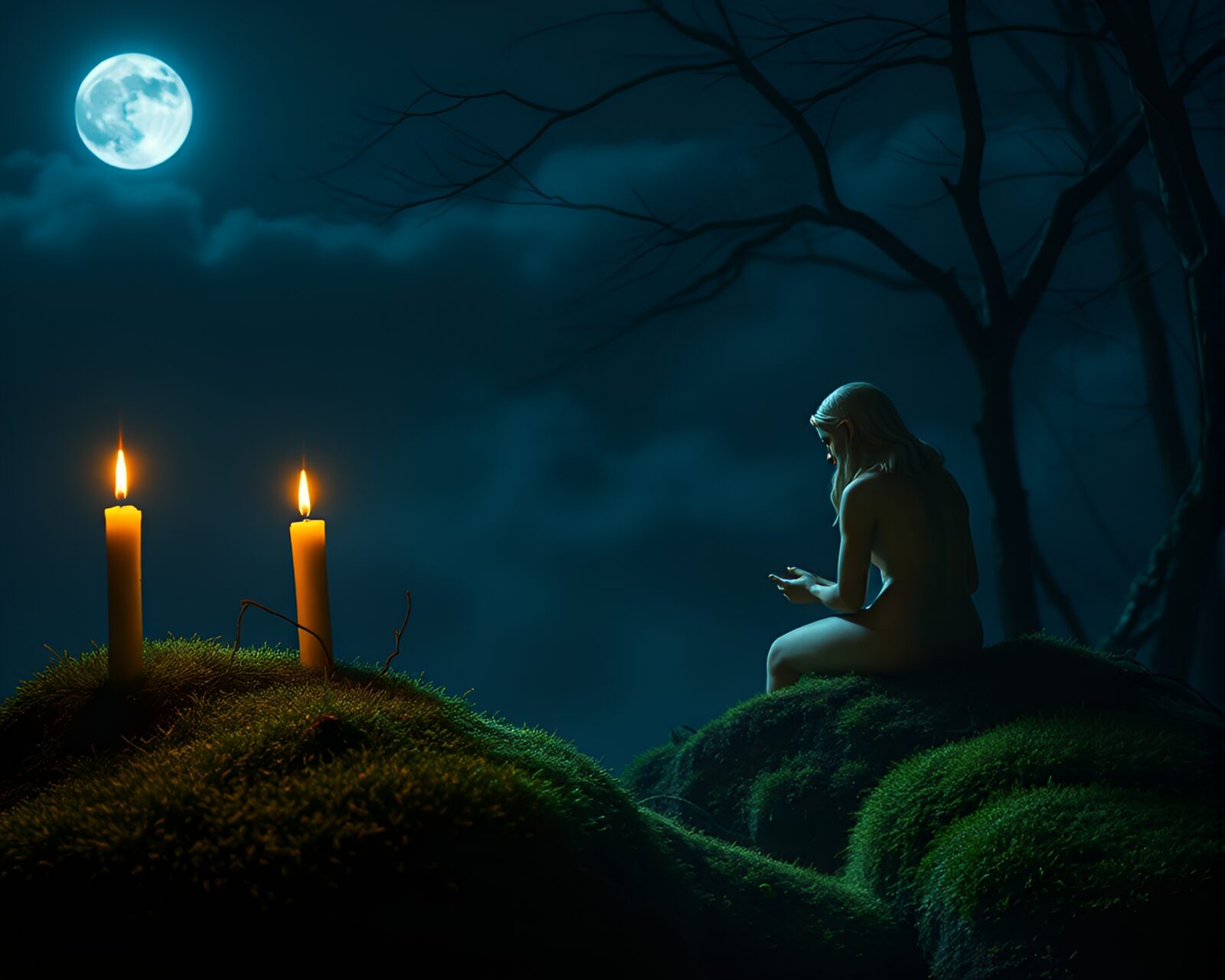 A mystical nymph surrounded by moss under moonlight