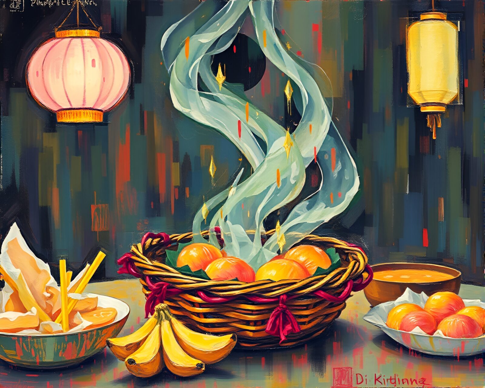 Abstract painting of colorful dim sum basket with film burns