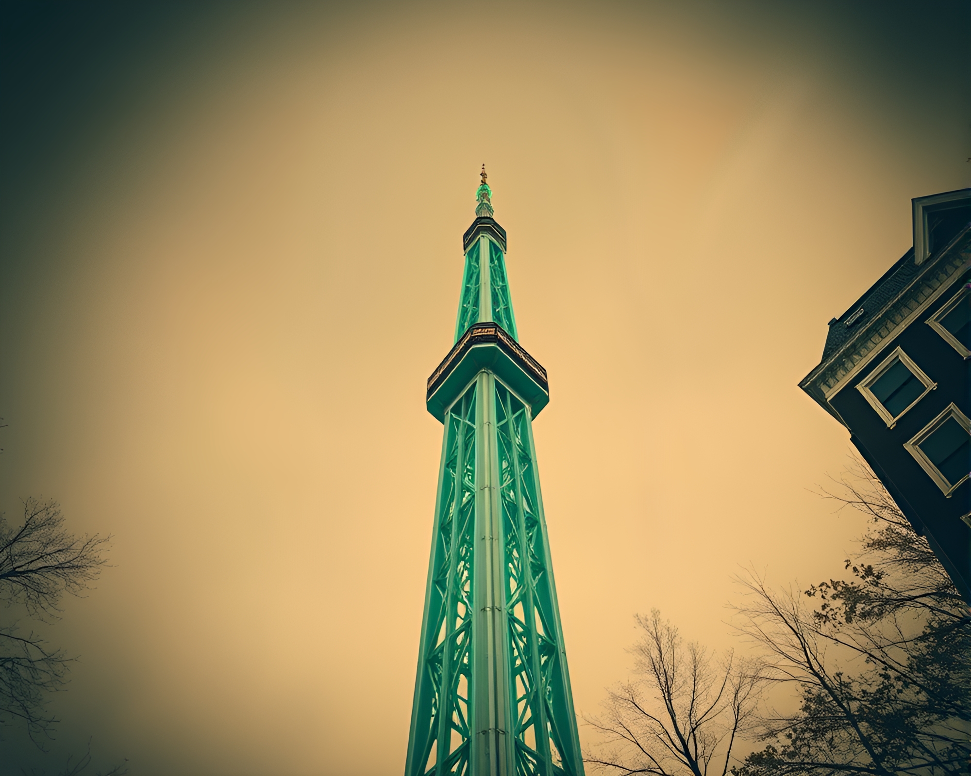 Tower of Mint Green Dreamscape in Sepia Dutch Angle – free AI stock image