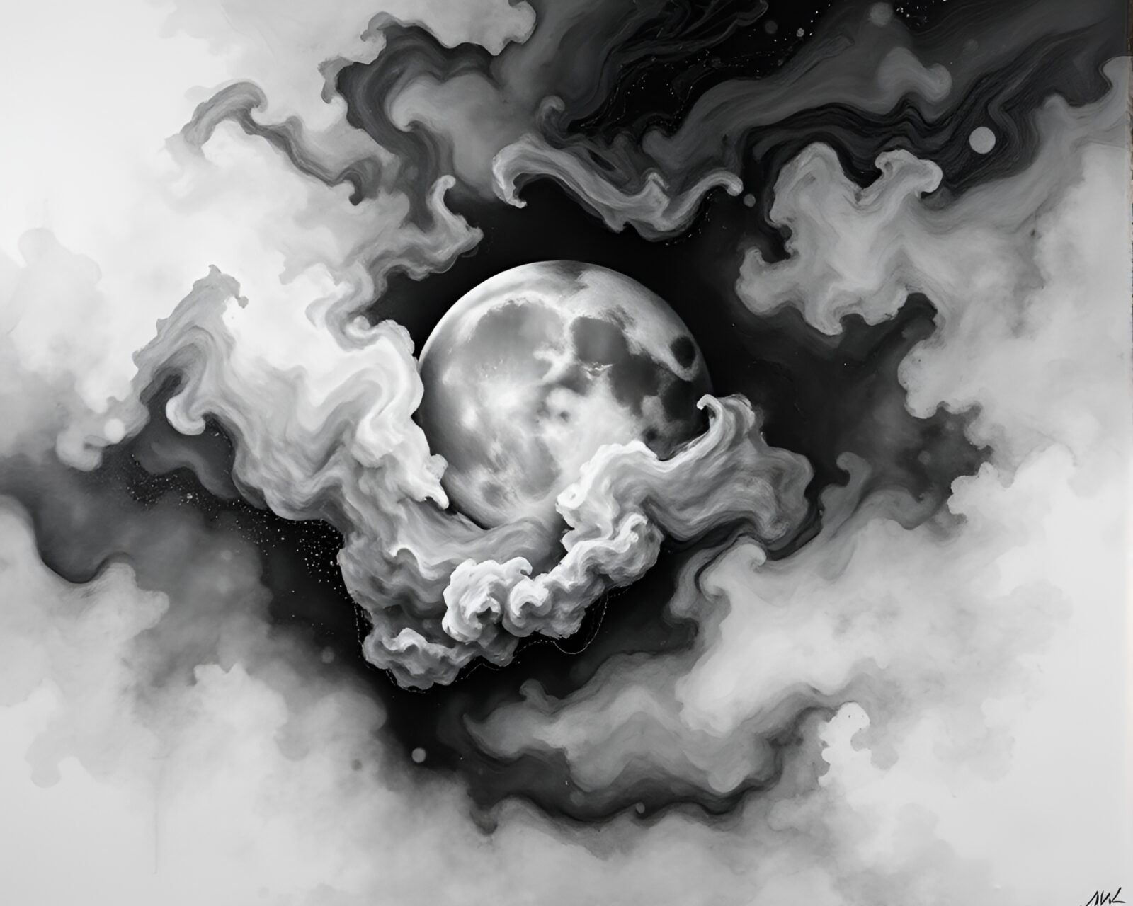 Abstract smoke plume swirl against moonlit sky in art.