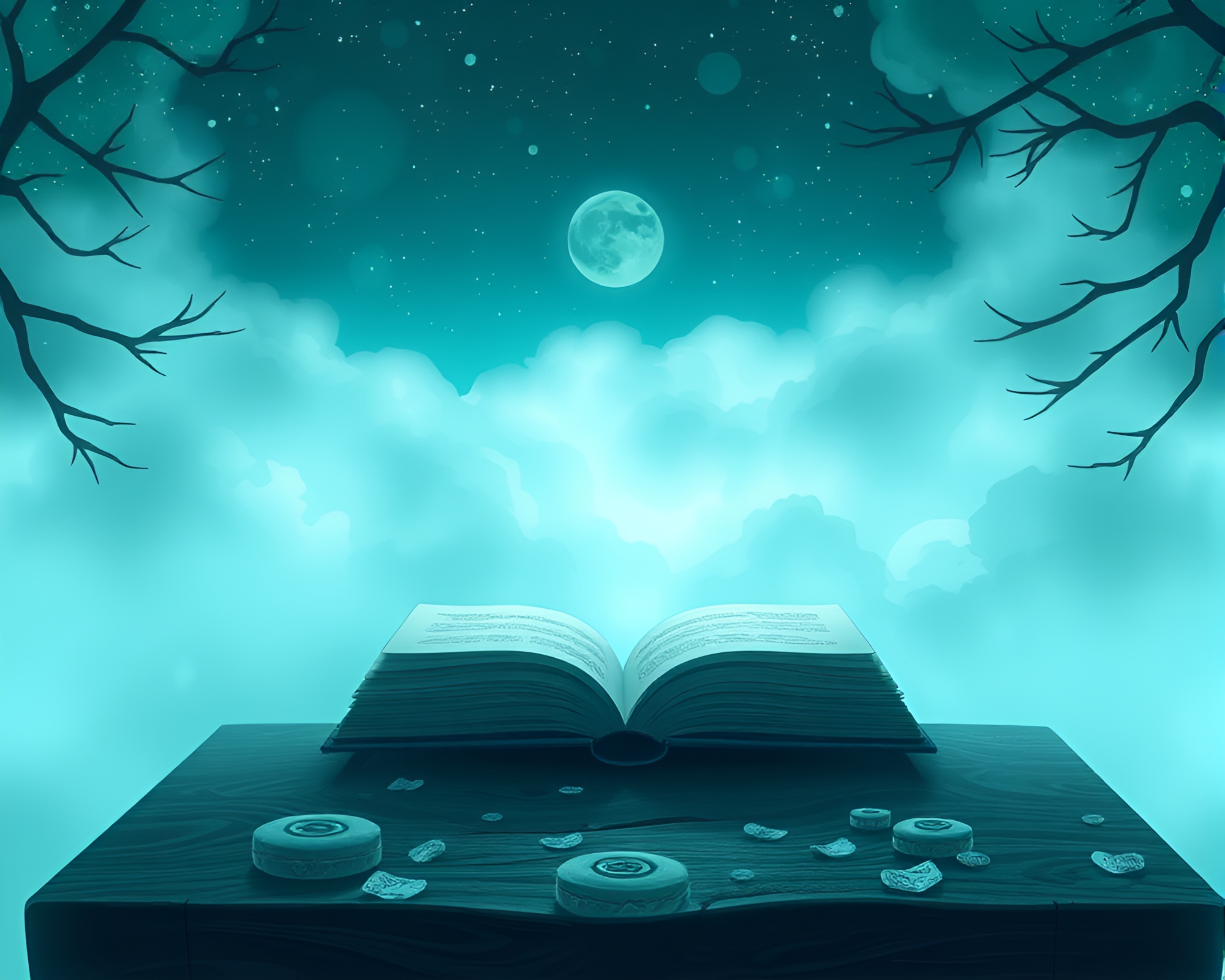 Enchanted Book in Teal Fog Banks – free AI stock image