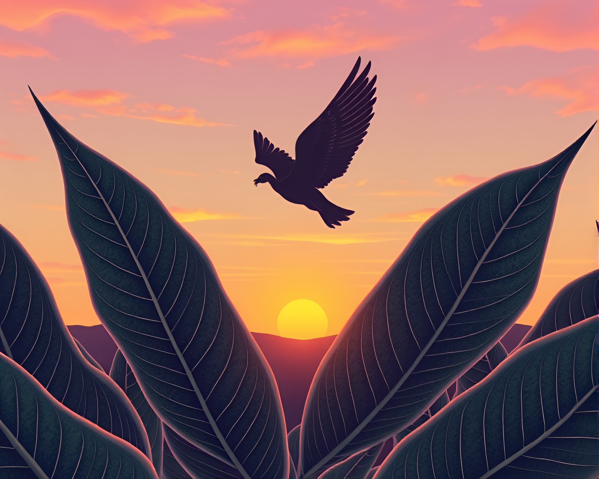 Pegasus at Sunrise with Leaf Vein Pattern Background – free AI stock image