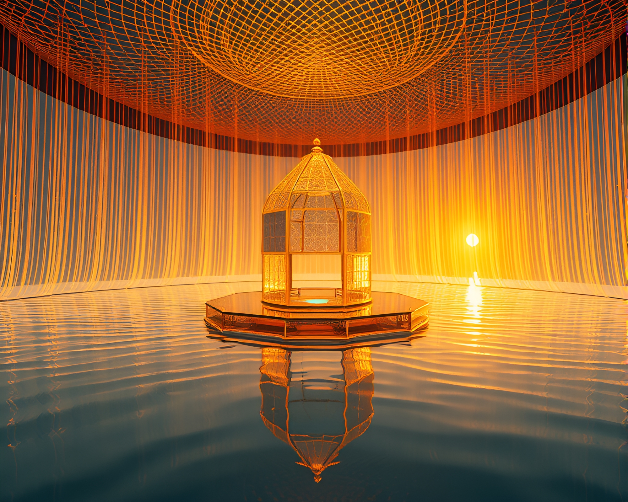 Prismatic Floating Pavilion Bathed in Golden Hour Glow – free AI stock image