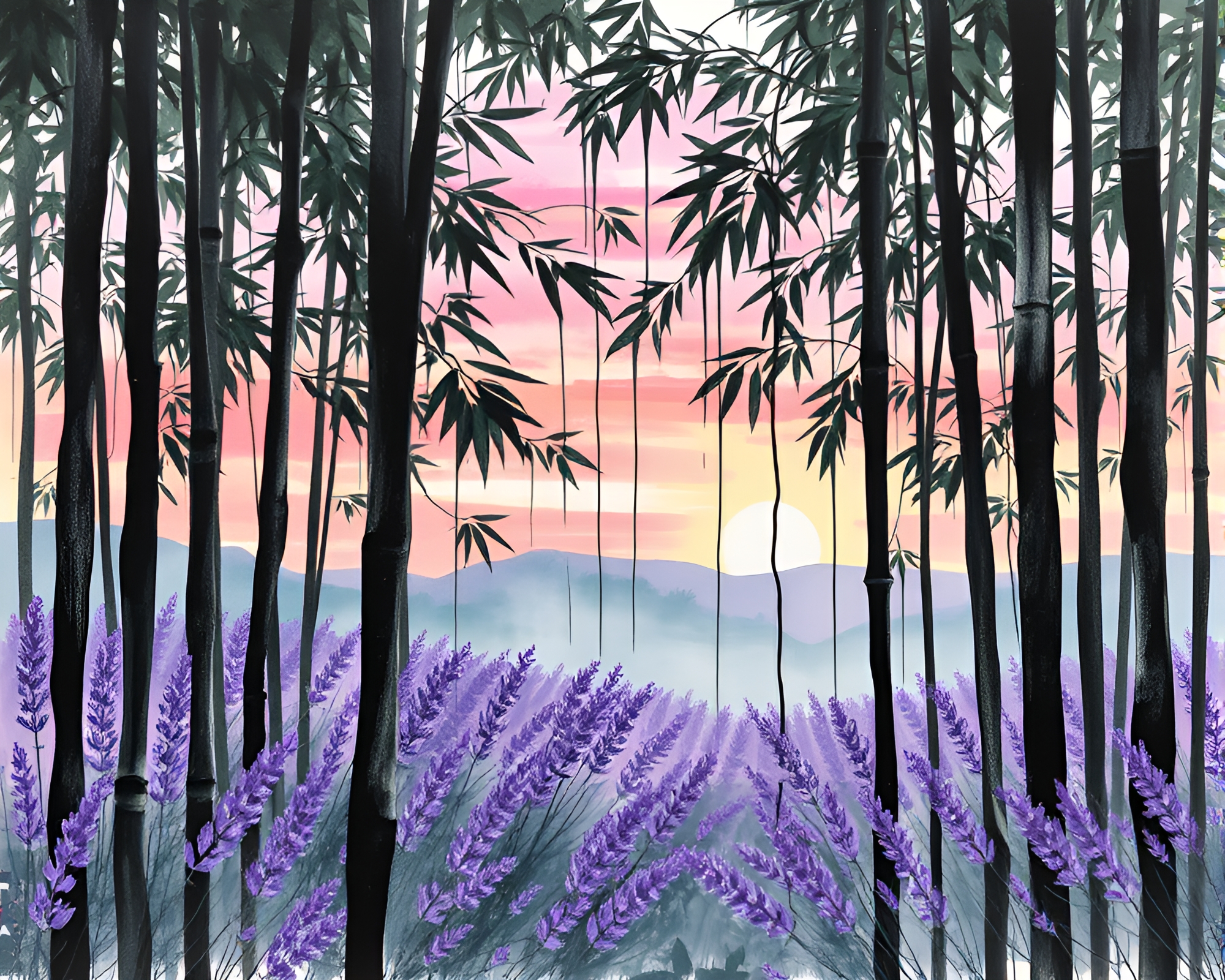 Bamboo Grove in Lavender Twilight Ink Wash Drips – free AI stock image