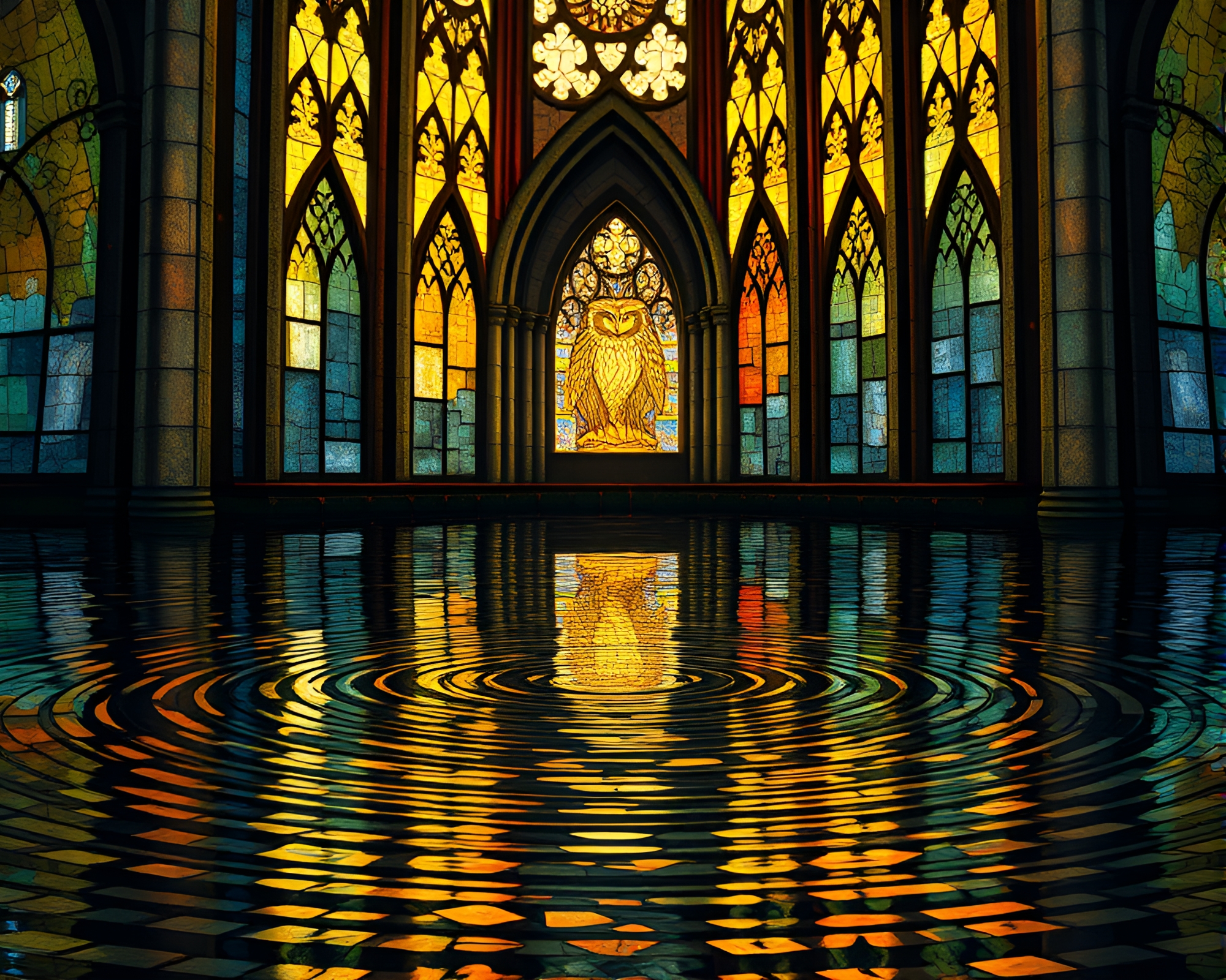 Majestic Owl in Stained Glass Reflection Ripples – free AI stock image