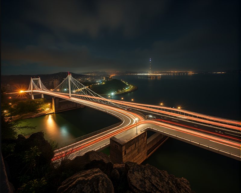 Serpentine Bridge in Moonlit Shadows – free AI stock image