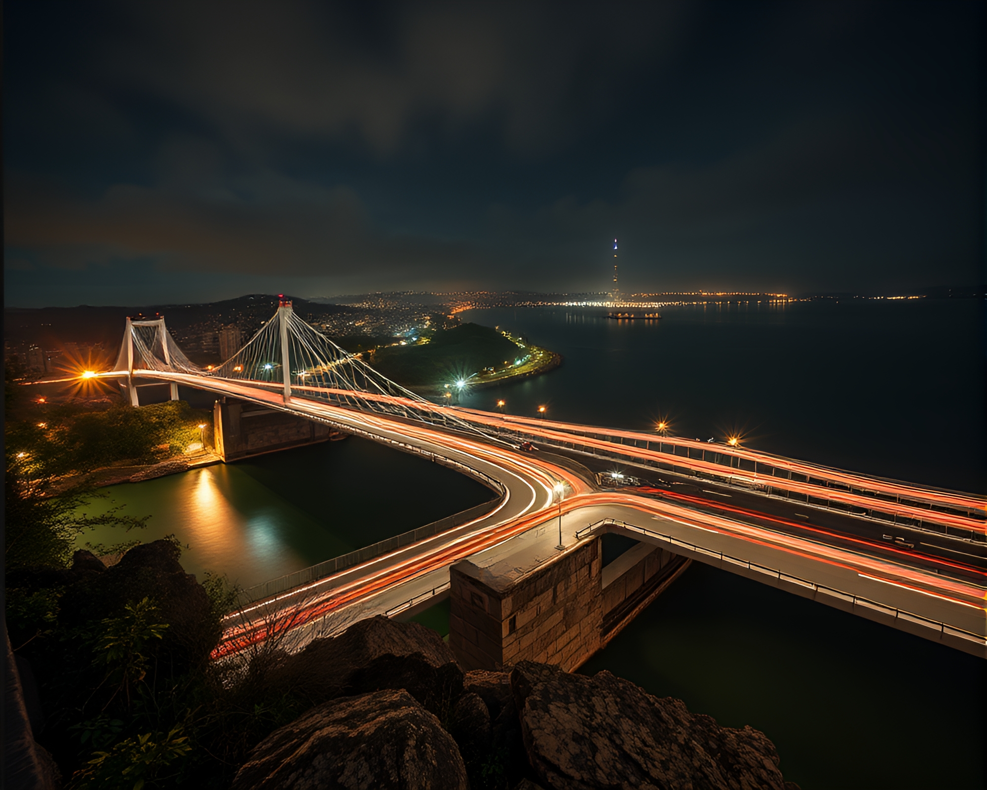 Serpentine Bridge in Moonlit Shadows – free AI stock image