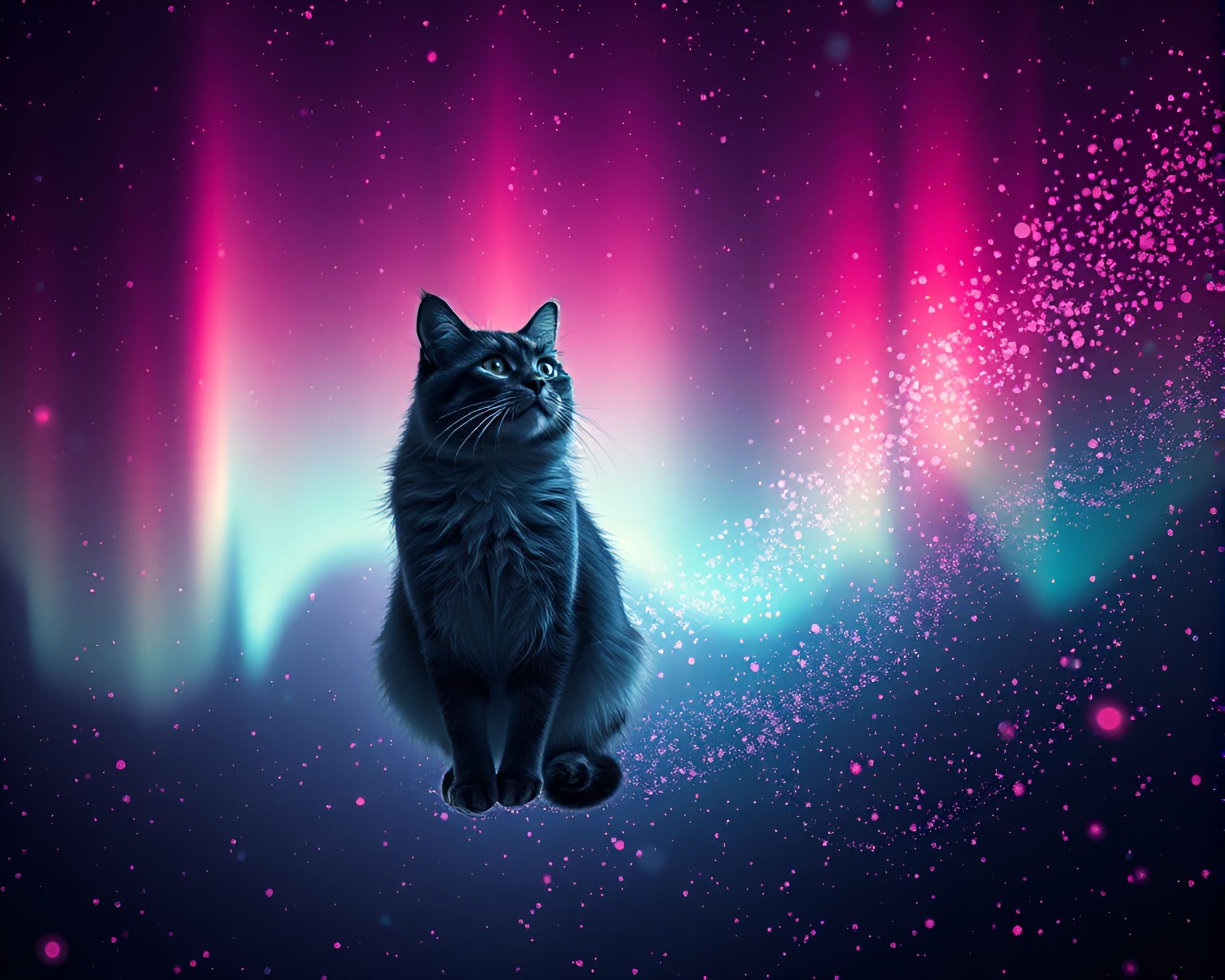 Schrodinger’s Cat in Duochrome Aurora Particles – free AI stock image