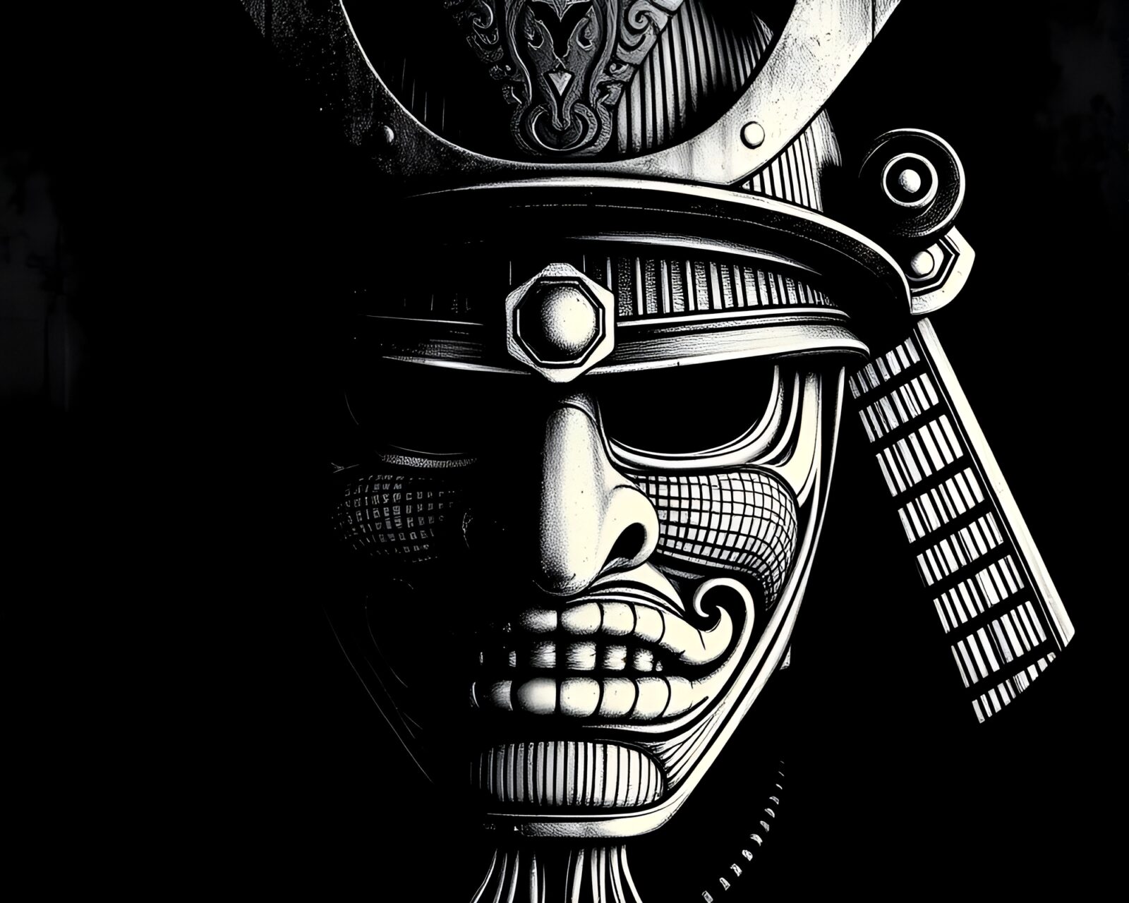 Detailed samurai helmet in grey scale with retro coloring.