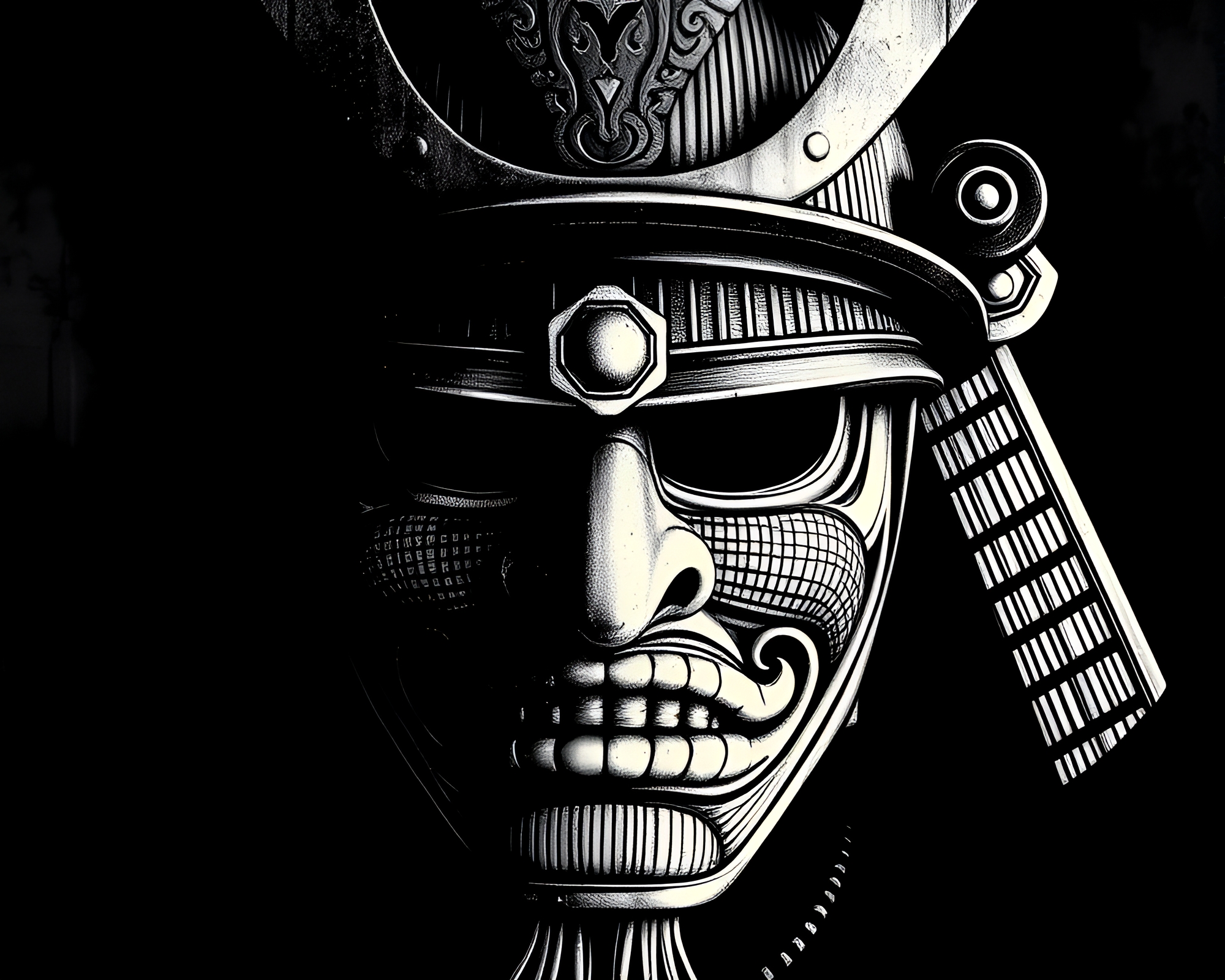 Samurai Helmet Crosshatching Grisaille Retro Fade Artwork – free AI stock image