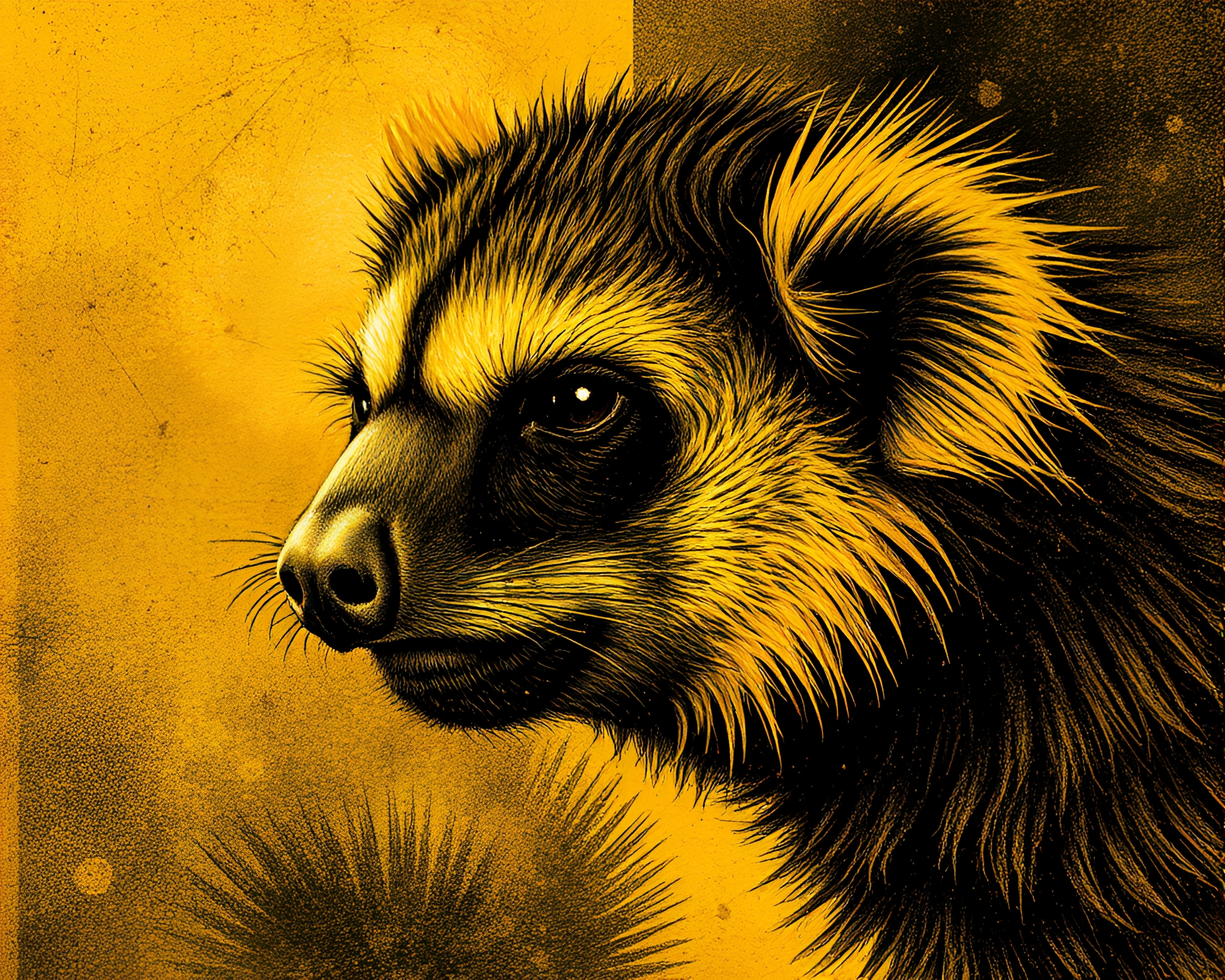 Sloth lounging in golden savannah with crosshatch shading – free AI stock image