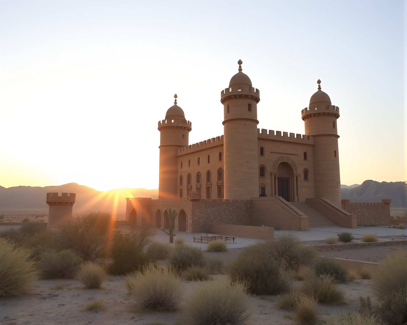 Eerie desert castle under pink sun rays at dusk