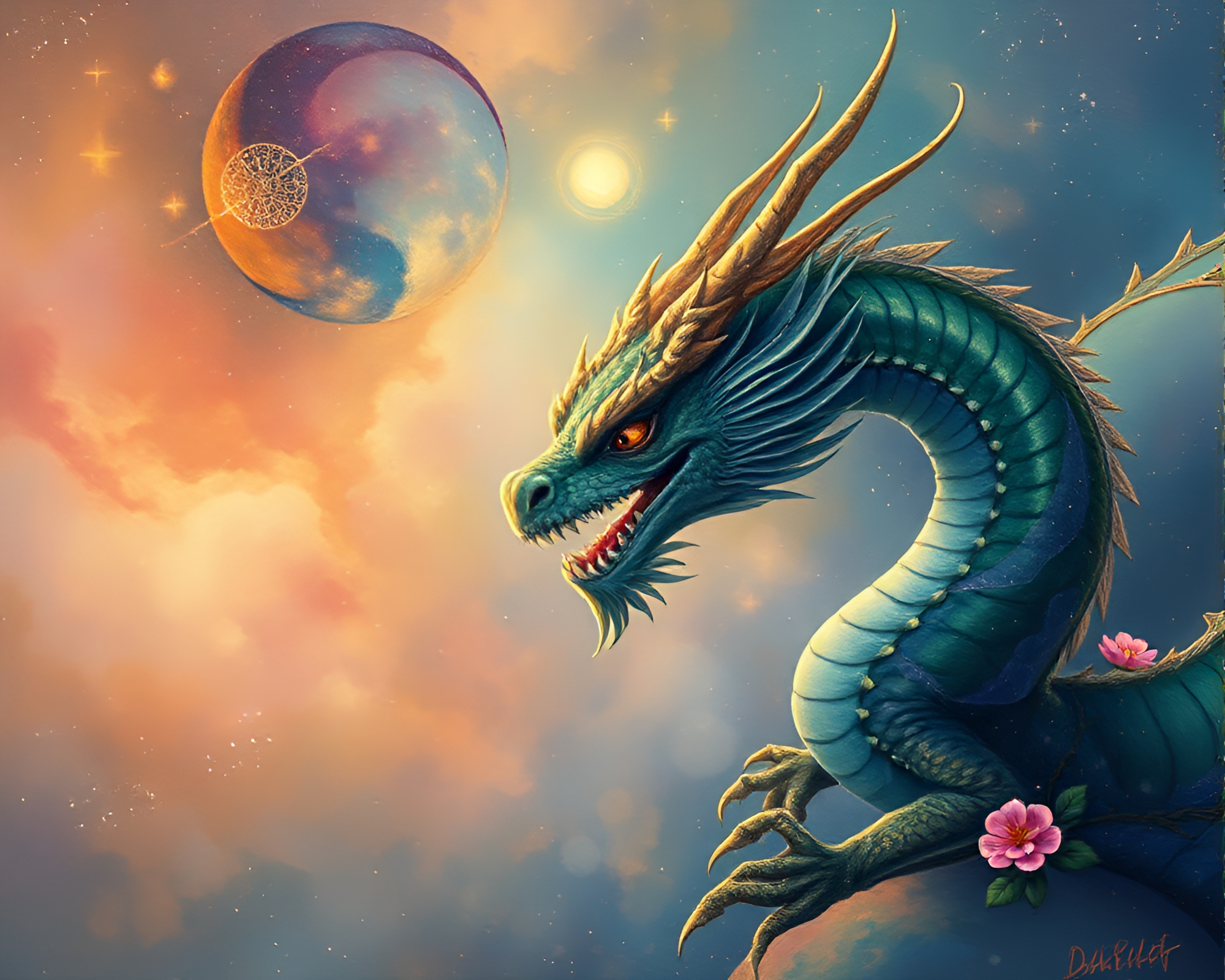 Celestial Dragon in Digital Bloom Portrait – free AI stock image
