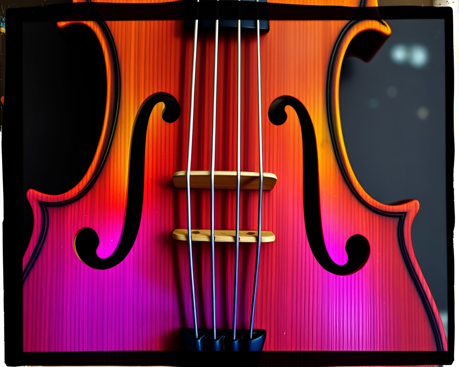 Etched wooden violin against cosmic rainbow backdrop and film sprocket holes