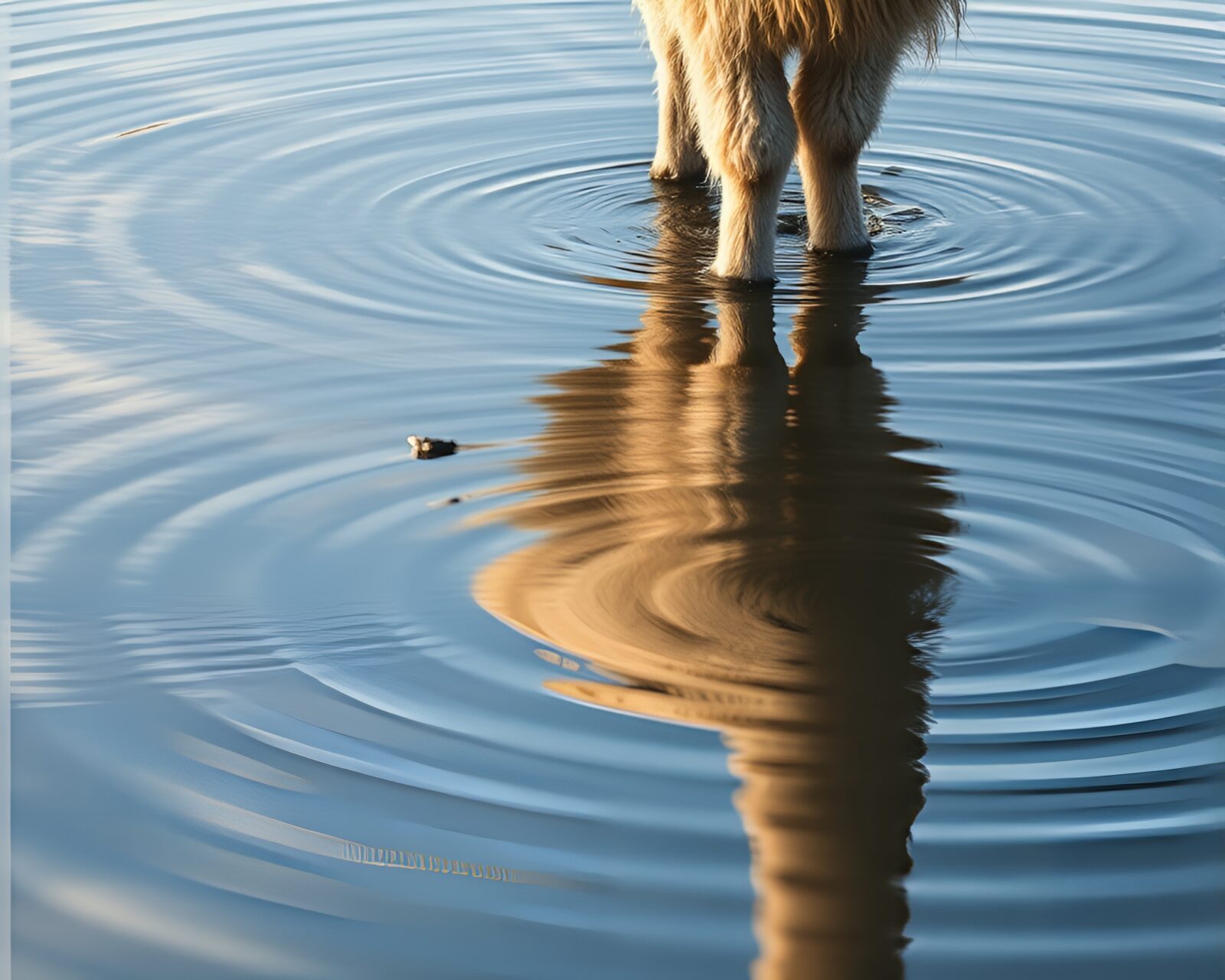 Llama standing by rippling water with vibrant colors.