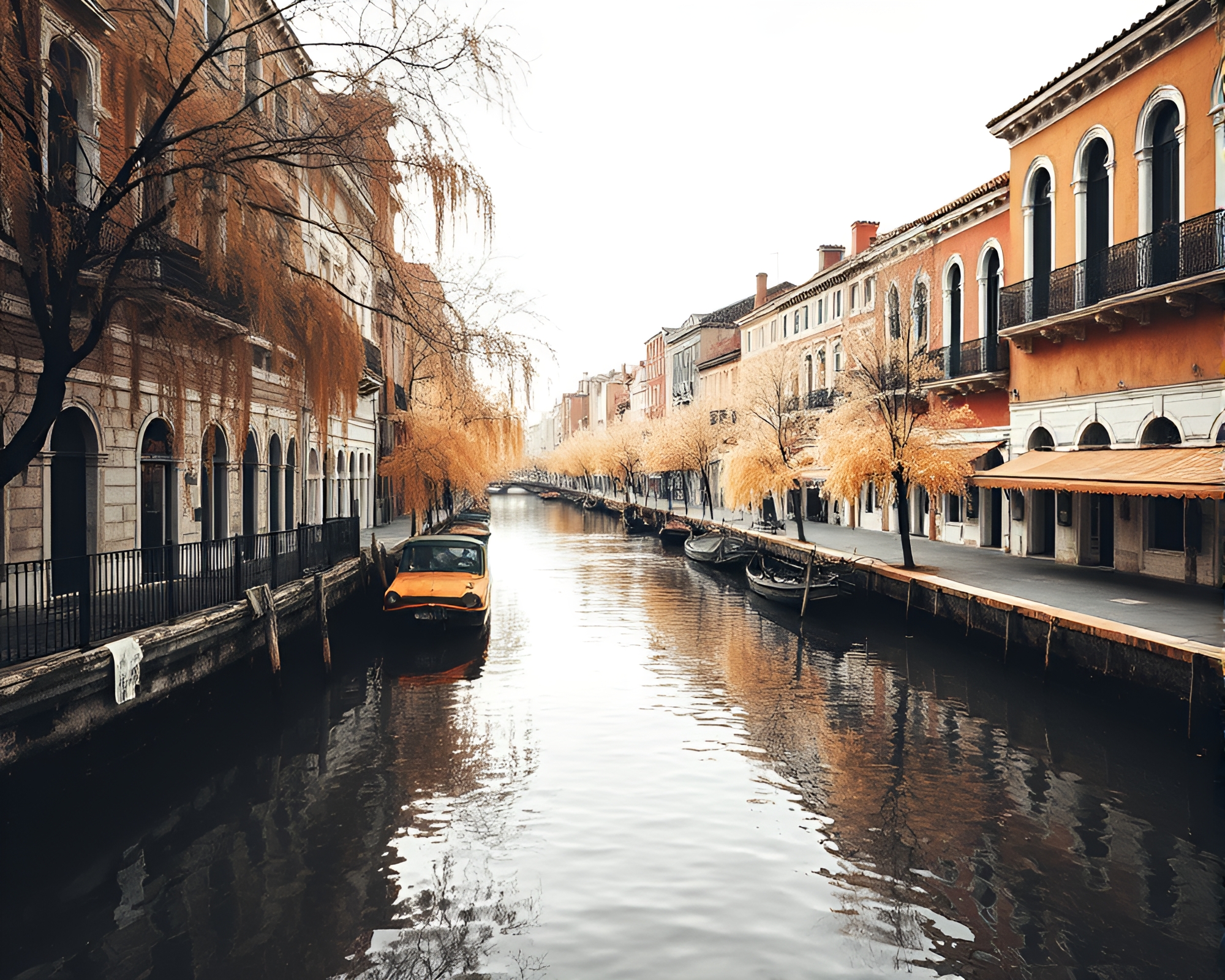 Venetian Canal at Sunset in Infrared Ink Wash – free AI stock image