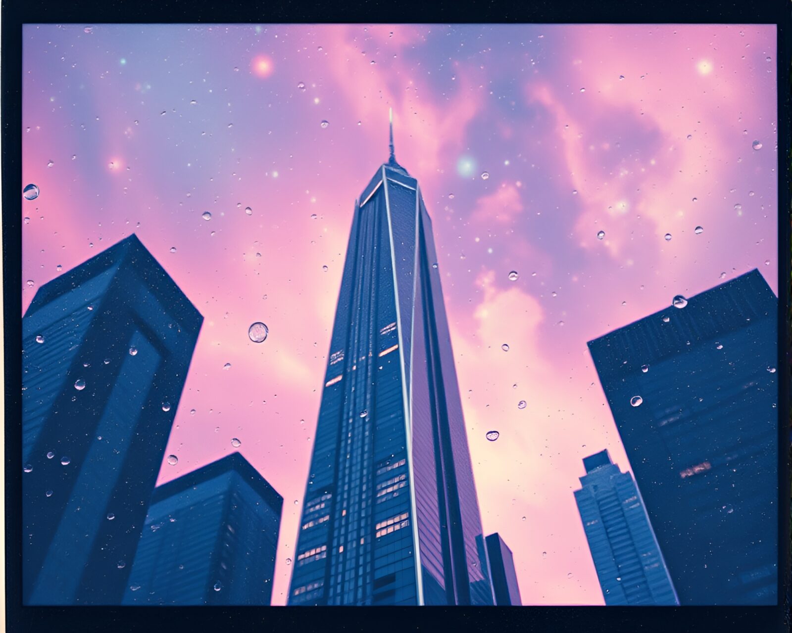 Polaroid-framed image capturing nebula-hued skyscraper reflections in water droplets
