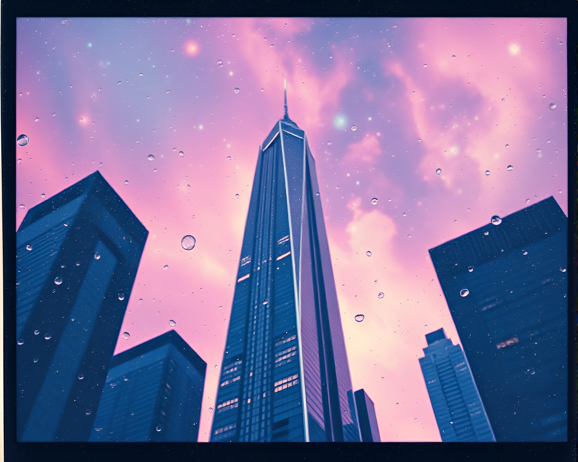 Cosmic Skyscraper Reflections in Water Droplets – free AI stock image