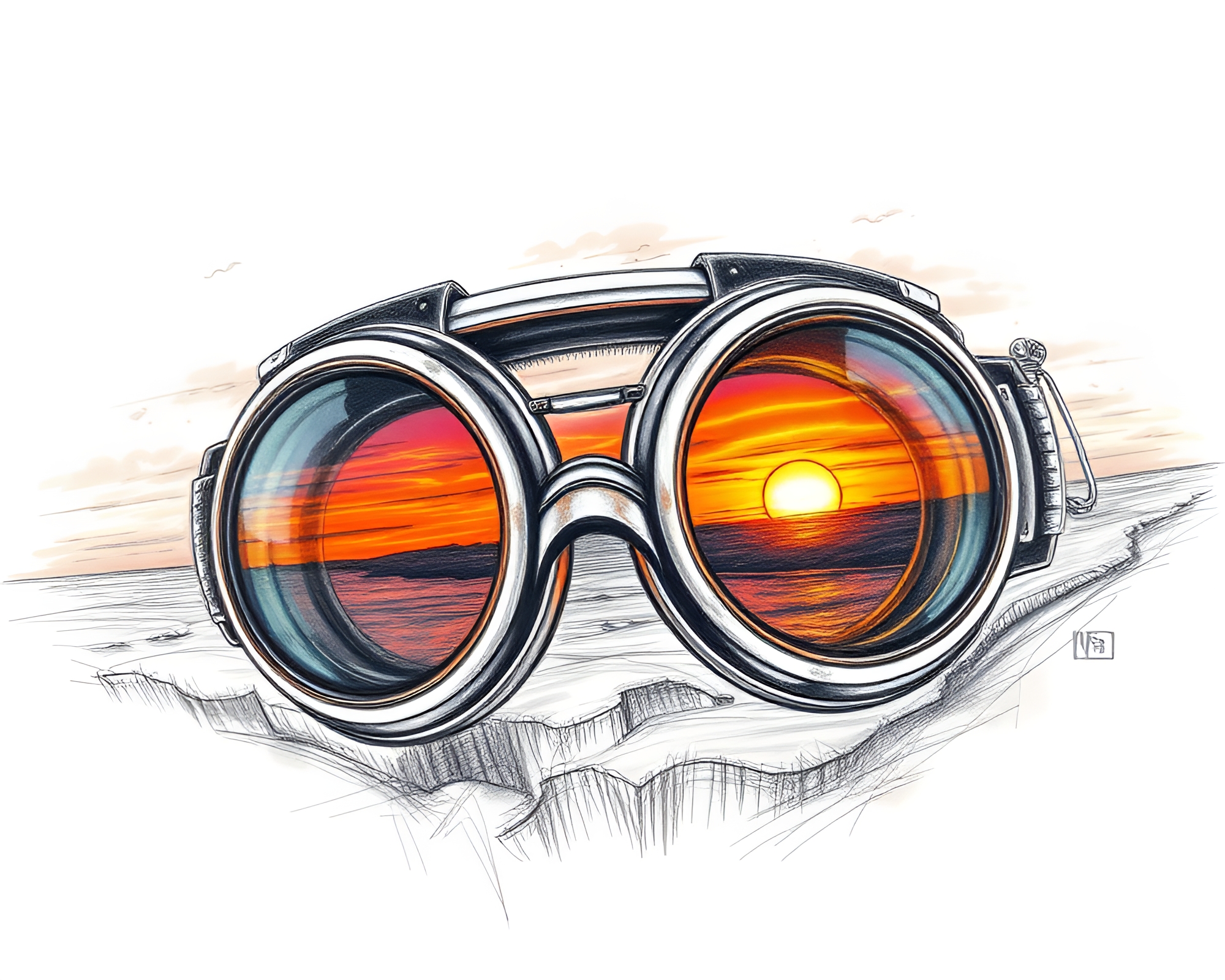 Steampunk Goggles Fisheye Sunset Sketch – free AI stock image