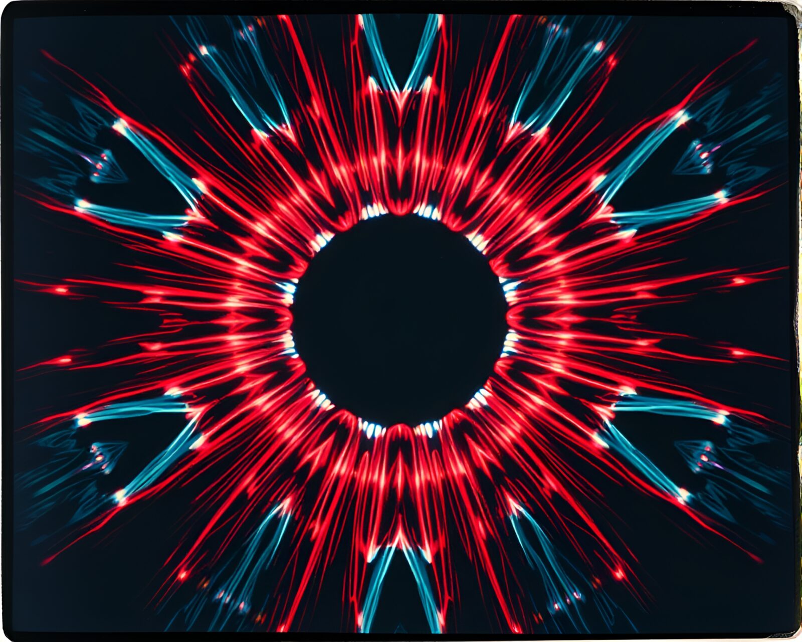 Ethereal banshee with intricate radial light patterns on vintage polaroid