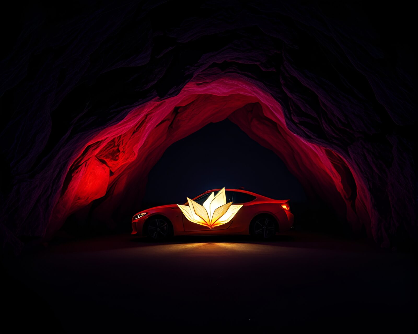 Ultraviolet lit origami flowers in glowing car light trails