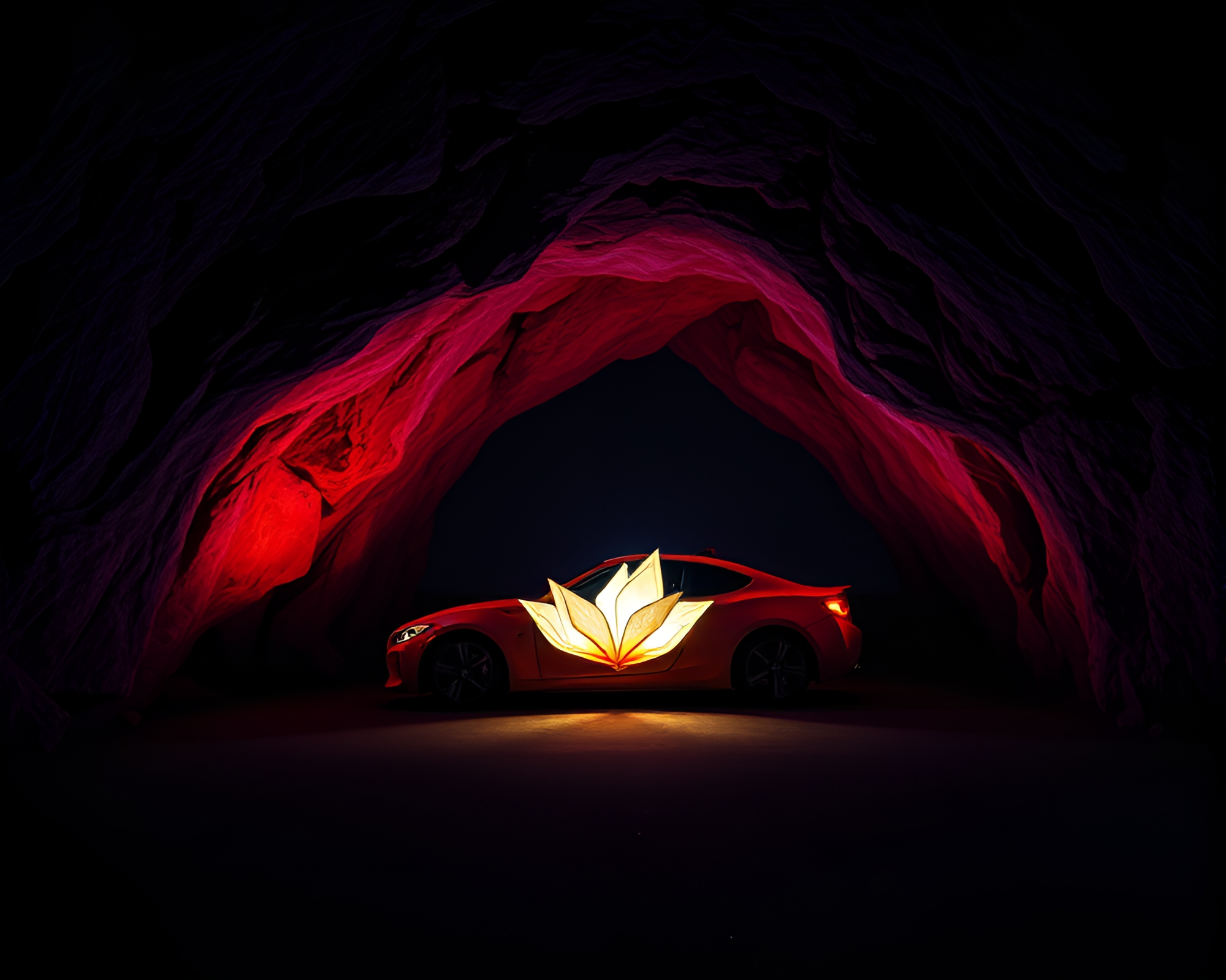Neon Origami Flowers in Atmospheric Car Trail Cave – free AI stock image