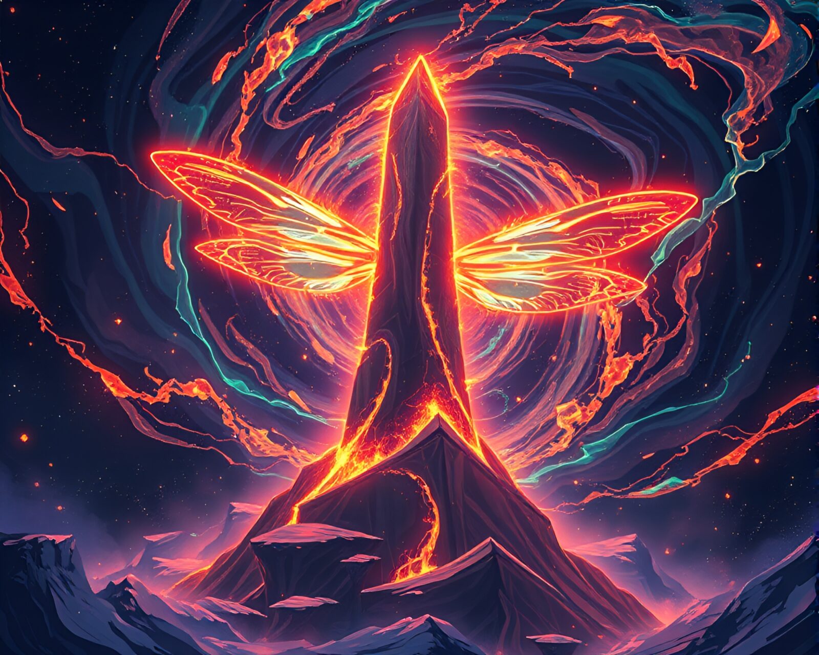 Ethereal anime scene with twisting vortex and glowing fireflies